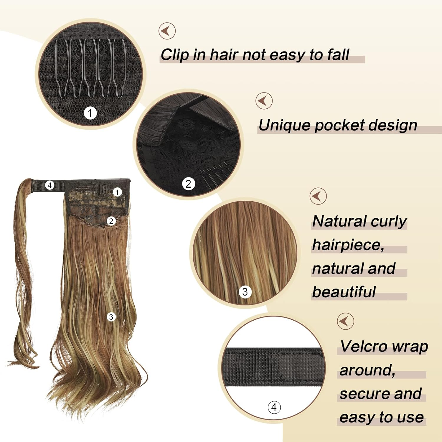 Sofeiyan Ponytail Hairpiece Curly Hair Extension Ponytail Extension Synthetic Natural Wavy Hairpiece Wrap around Pony Tail Hair Extensions 38 Cm Brown & Blonde image number 2