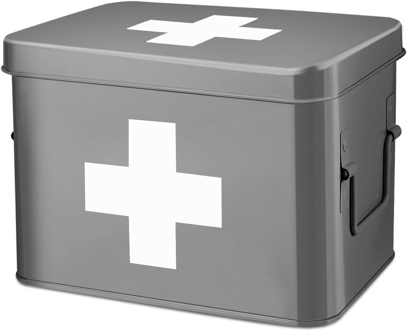 Flexzion First Aid Box Organizer Empty 13" White Vintage First Aid Kit Tin Metal Medical Box - First Aid Storage Box Container Bins with Dividers, Removable Tray and Red Cross Logo