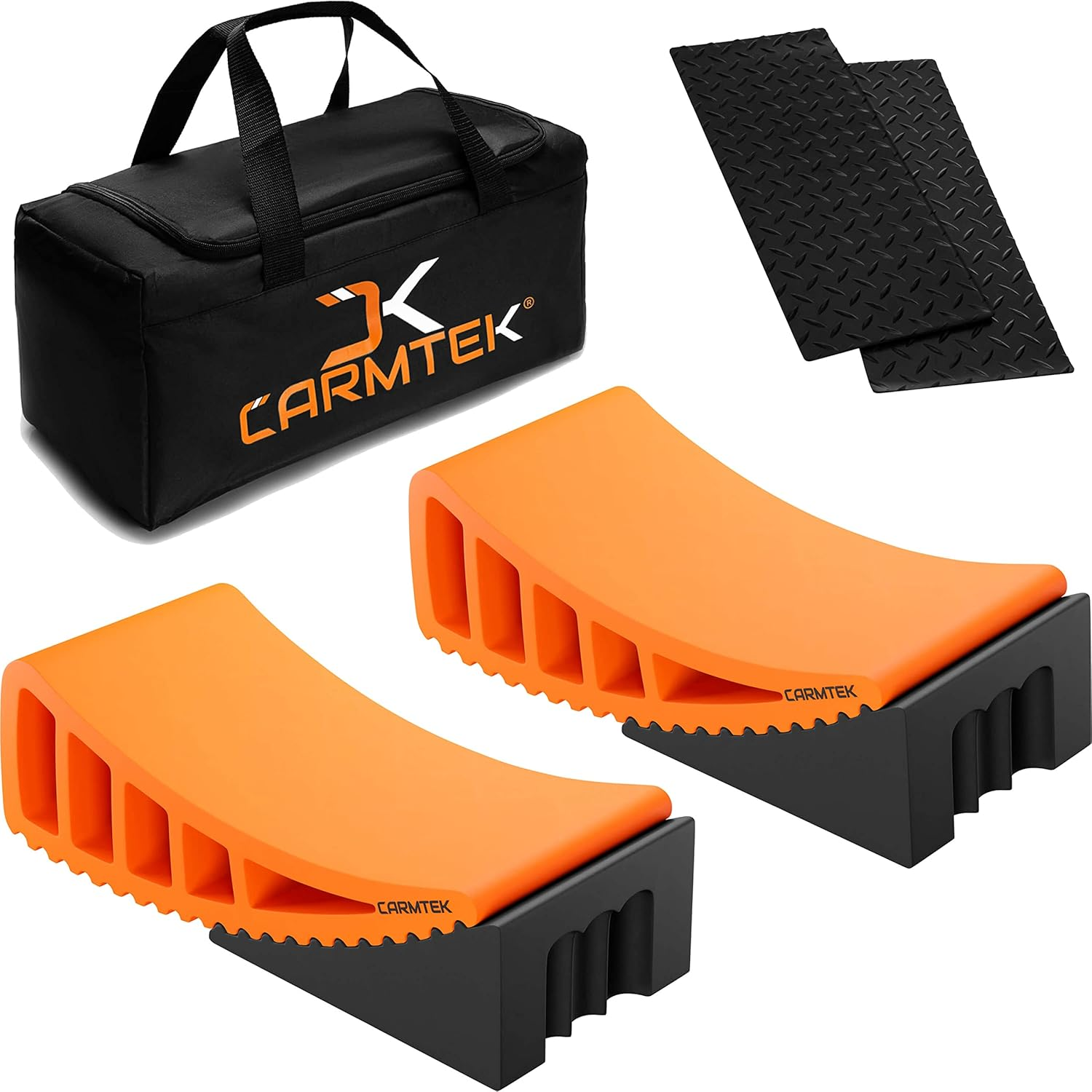 CARMTEK Camper Leveler Premium Kit | Fit Curved RV Levelers with Wheel Chocks, Rubber Mats & Carry Bag for Tight Dual Axle Trailers Faster Leveling System than Blocks Accessories image number 3