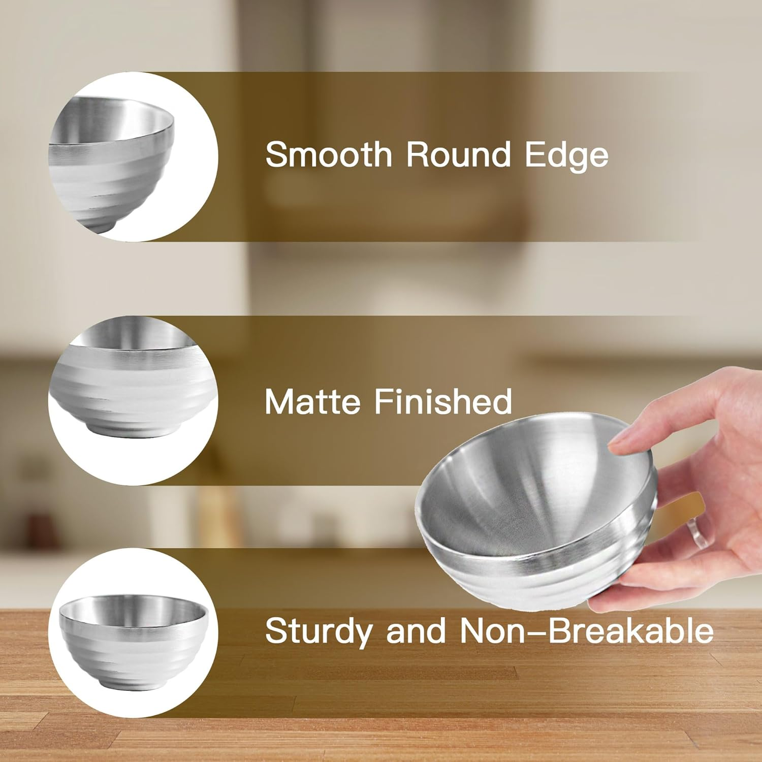 IMEEA Soup Bowl 10 Oz Ice Cream Bowl Double Wall Insulated Bowl SUS304 Stainless Steel Cereal Bowls, Set of 4 image number 5