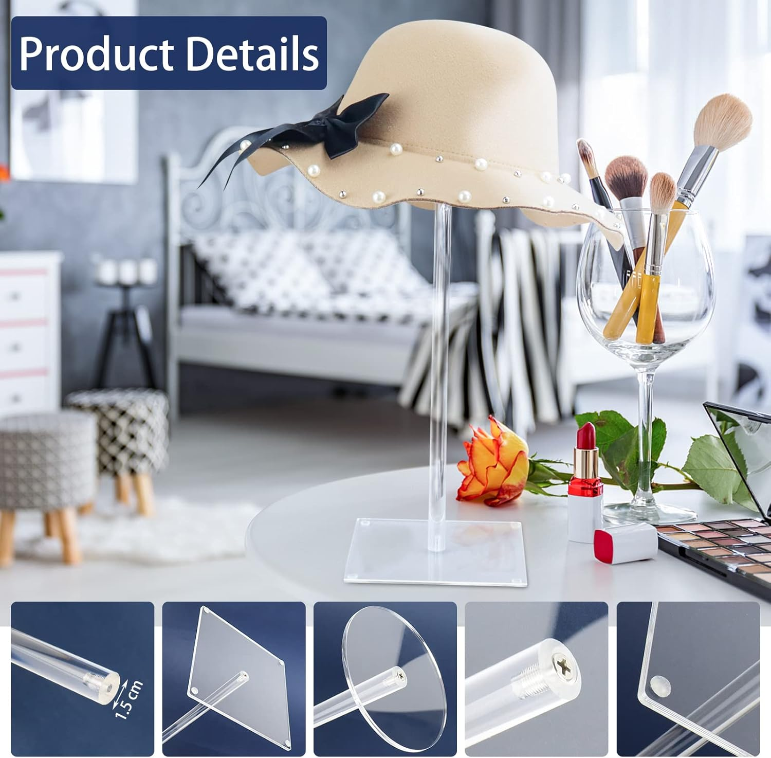 Acrylic Hat Stand and Wig Display Rack, 2Pcs 17" Clear Hat Stands for Display, Adjustable Height Hat Holder, Square Barbell Base Display, Hat Rack Stand for Display Jewelry Watch Helmets image number 2