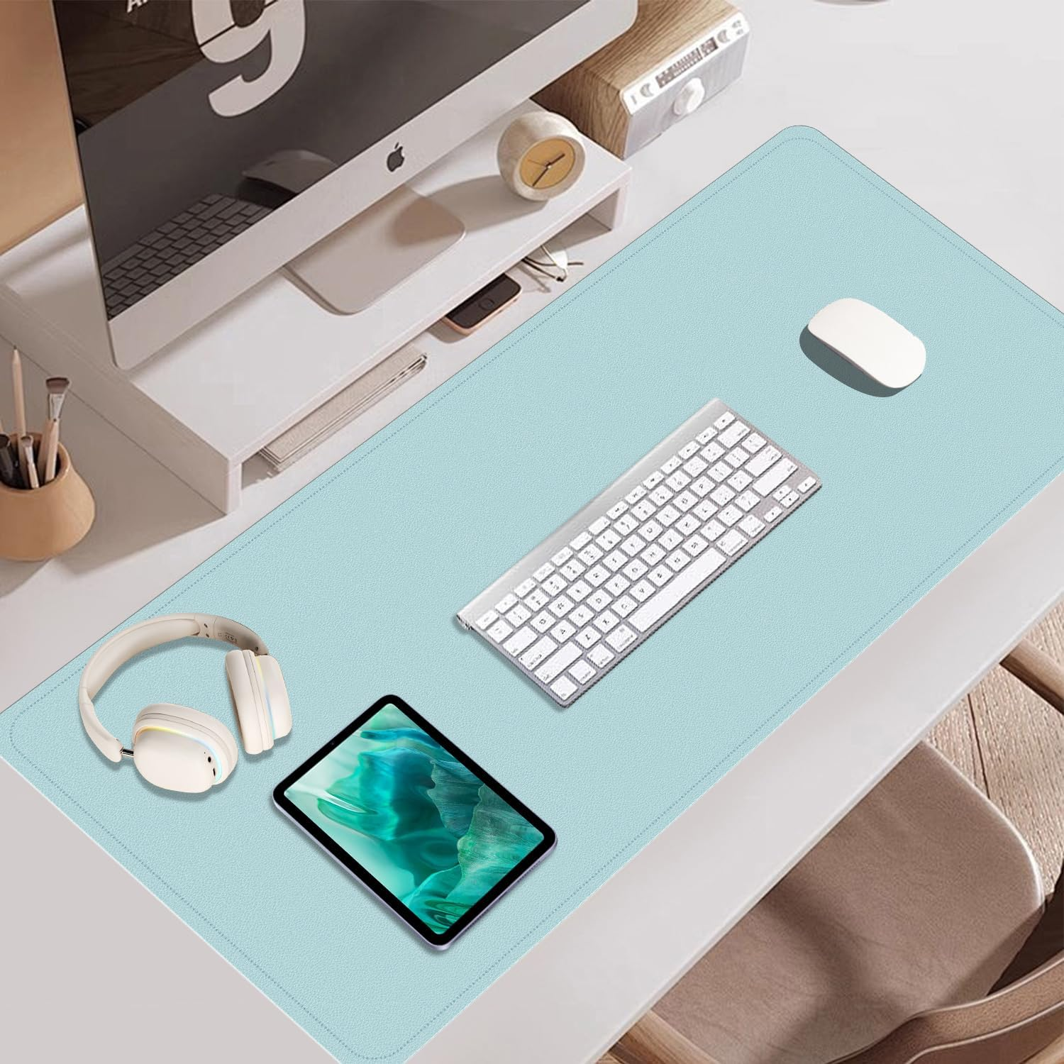 BLESWIN Large Desk Pad - Dual-Sided Cork & Leather, Mouse & Keyboard Mat, Easy Clean, Non-Slip, Office & Laptop Mat (Light Blue, 120X43Cm) image number 6