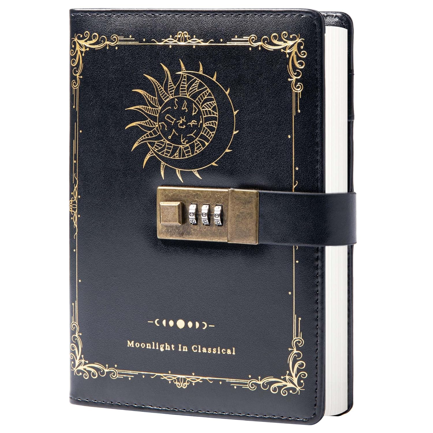 Constellation Leather Journal with Lock, Zodiac Moon Sun Diary for Writing, B6 Notebook with Lined Paper for Women & Men (Black)