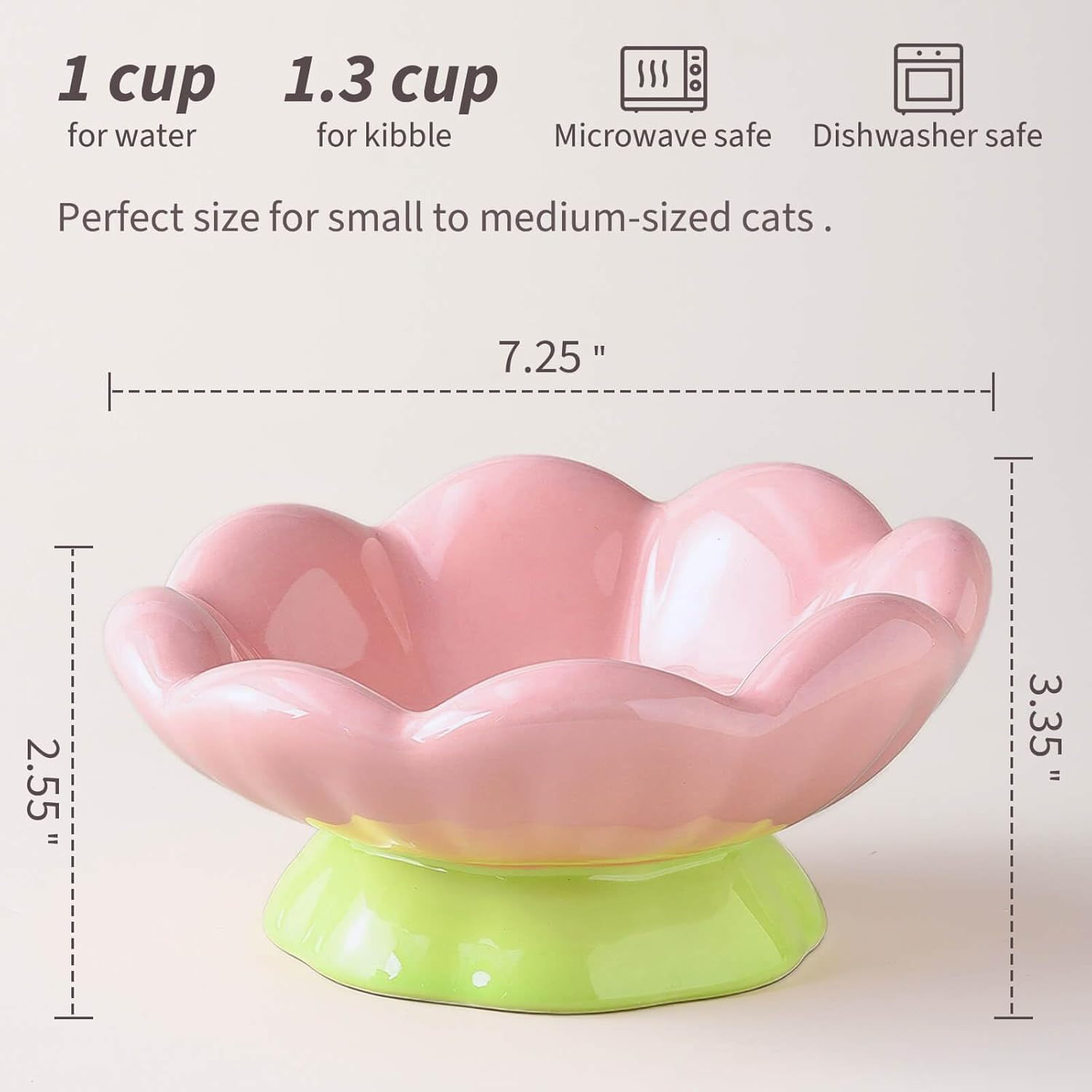 Eubootree Ceramic Raised Cat Bowl, Shallow Wide, Anti-Vomiting and Whisker Fatigue, Non-Slip, Tilted Cute Flower Cat Food and Water Bowls for Indoor Cats, Pink
