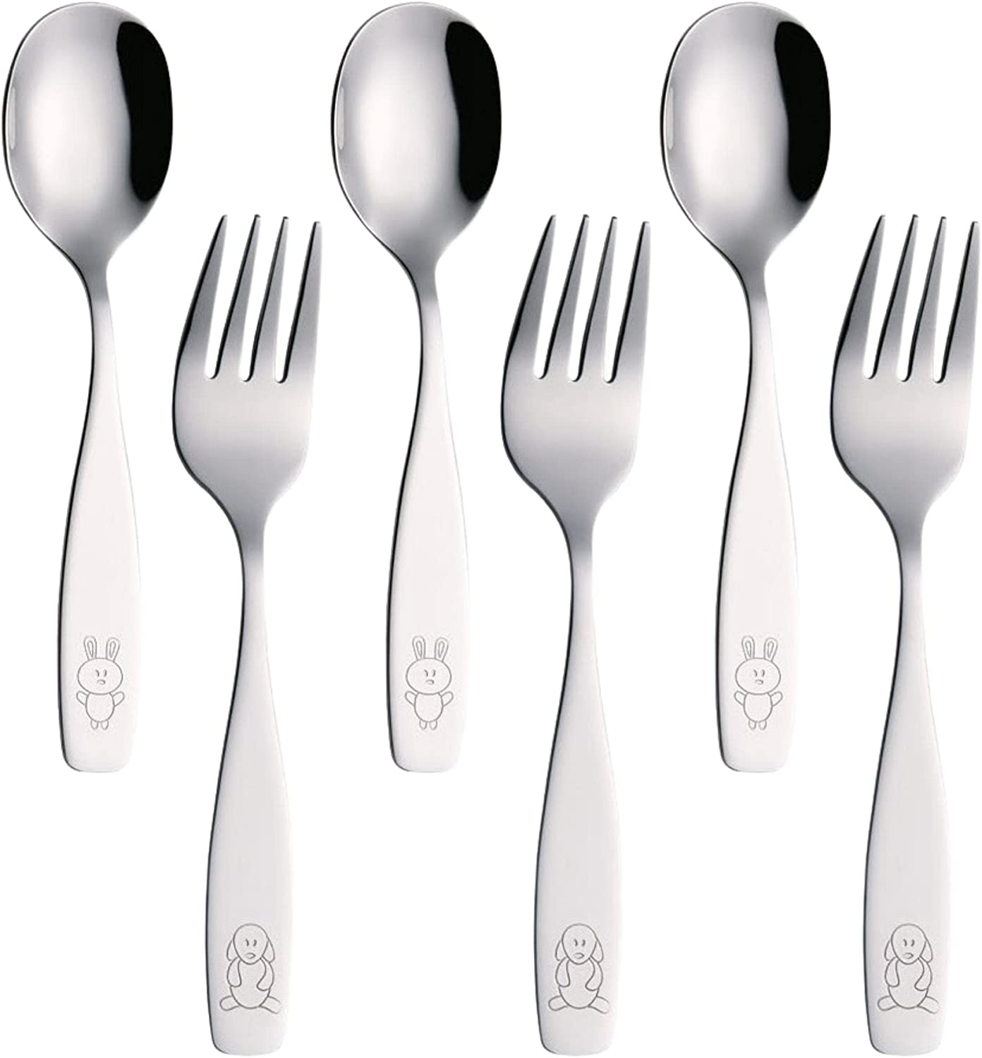 Exzact Children'S Cutlery Stainless Steel 6Pcs/ Kids Fork and Spoon Set/Toddler Flatware - 3 X Forks, 3 X Dinner Spoons - Dog & Bunny Engraved