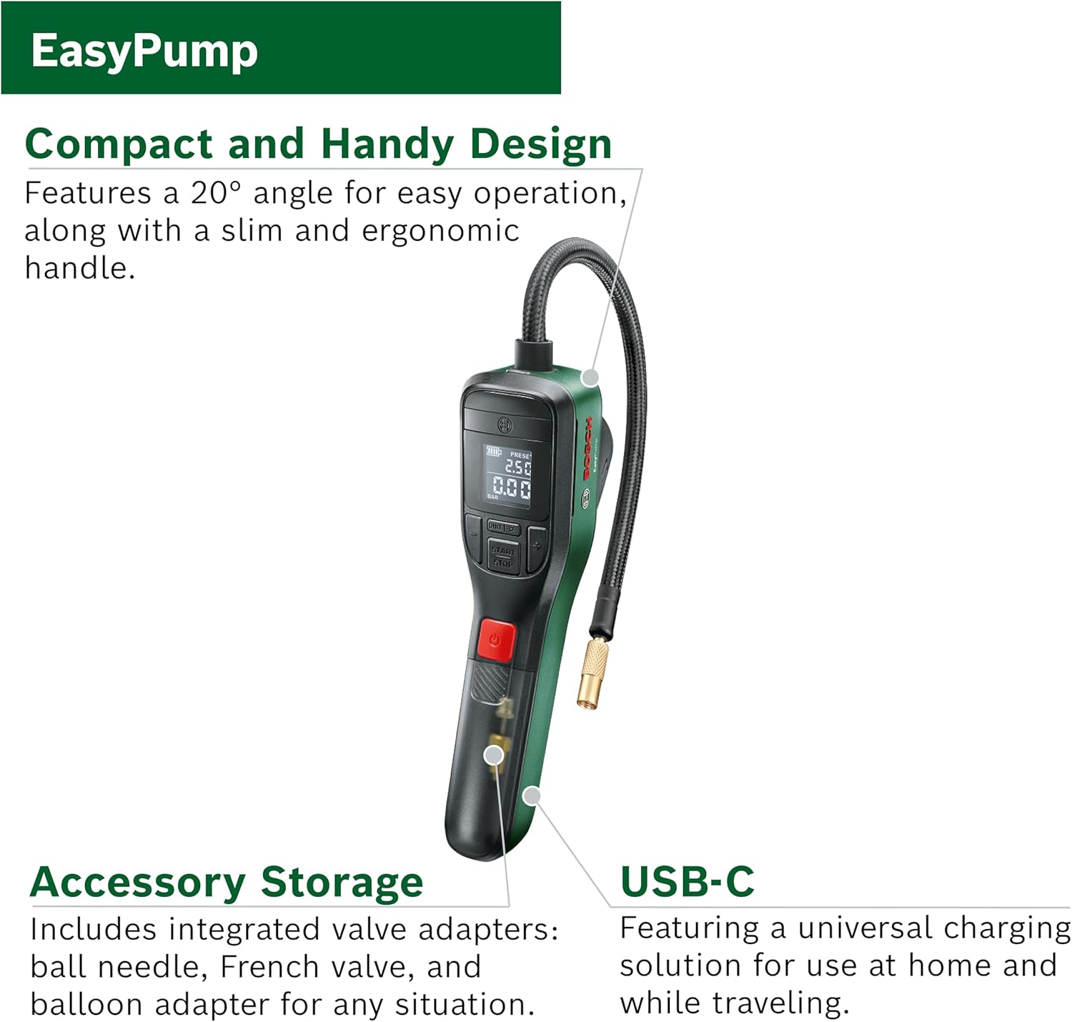Bosch Home & Garden Cordless Electric Air Pump, Mini Compressor, Rechargeable, 150 PSI, 3.6 V, Autostop Function, LED, USB-C, Portable (Easypump with Additional Bike Adapter)