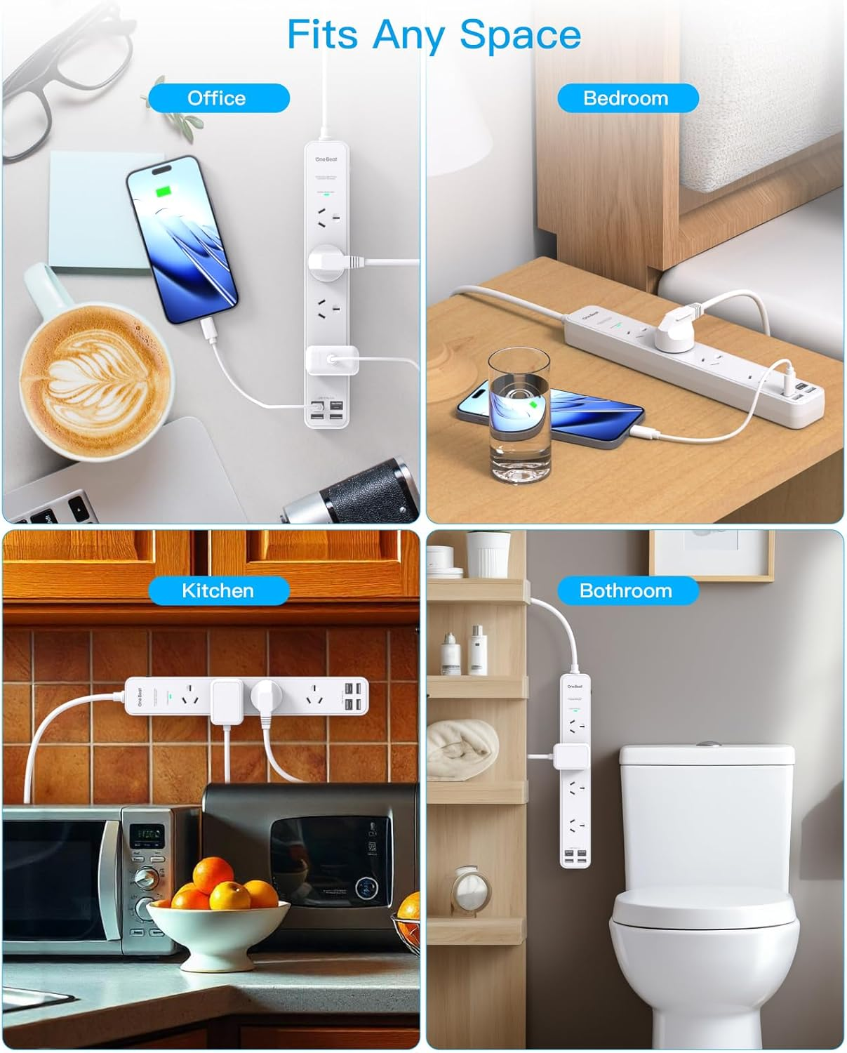 Power Board Surge Protected, 4 Widely Outlets with 4 USB Ports(2 USB a 2 USB C Charging Port), USB Power Board with 1.2M Extension Cord, 900J Surge Protection, Flat Plug, Wall Mount for Home Office image number 2