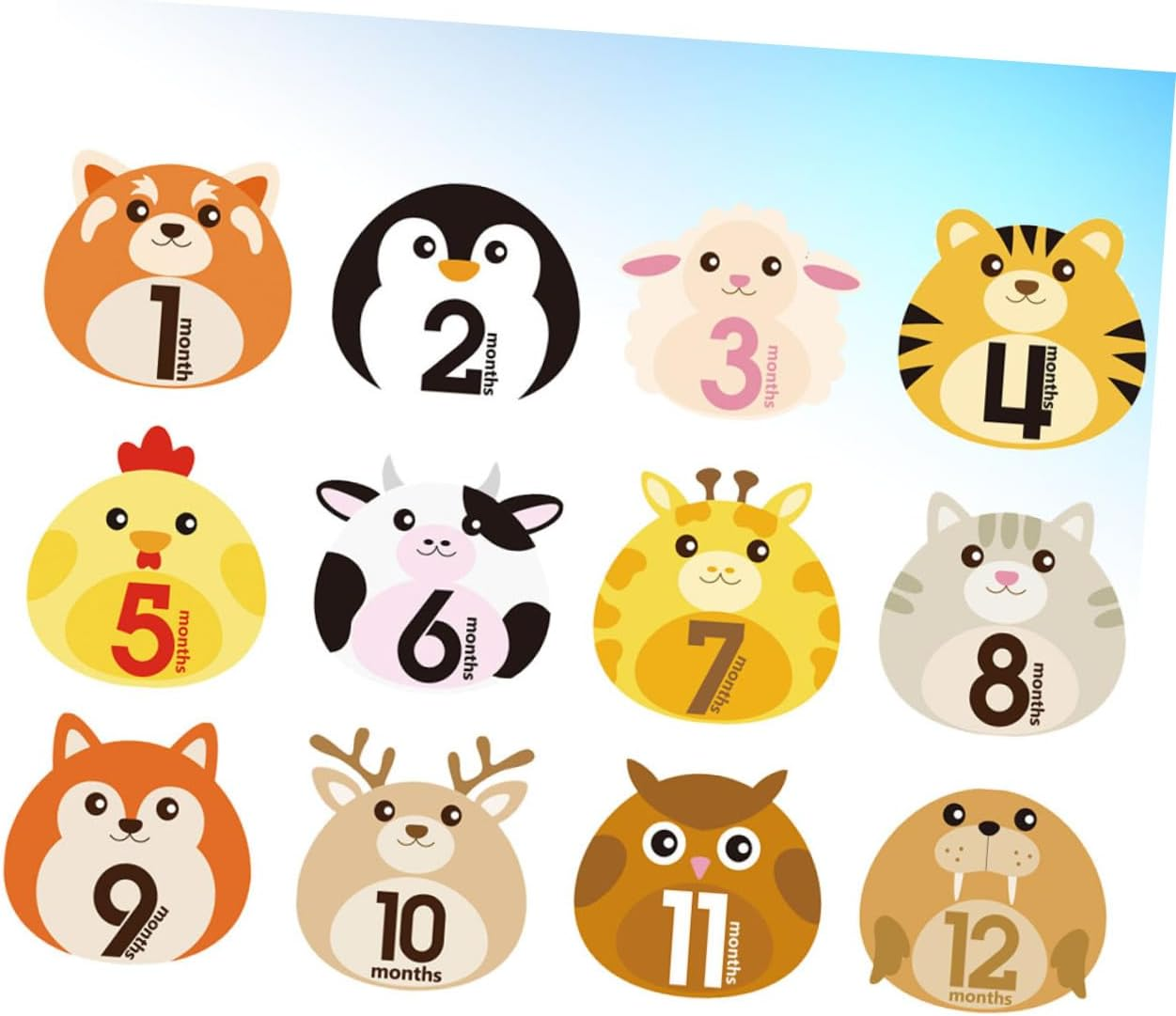 12 Sheets Monthly Stickers Animal Design Milestone Self-Adhesive Decals for Newborns Reusable Photo Props for First Year Memory Album image number 6