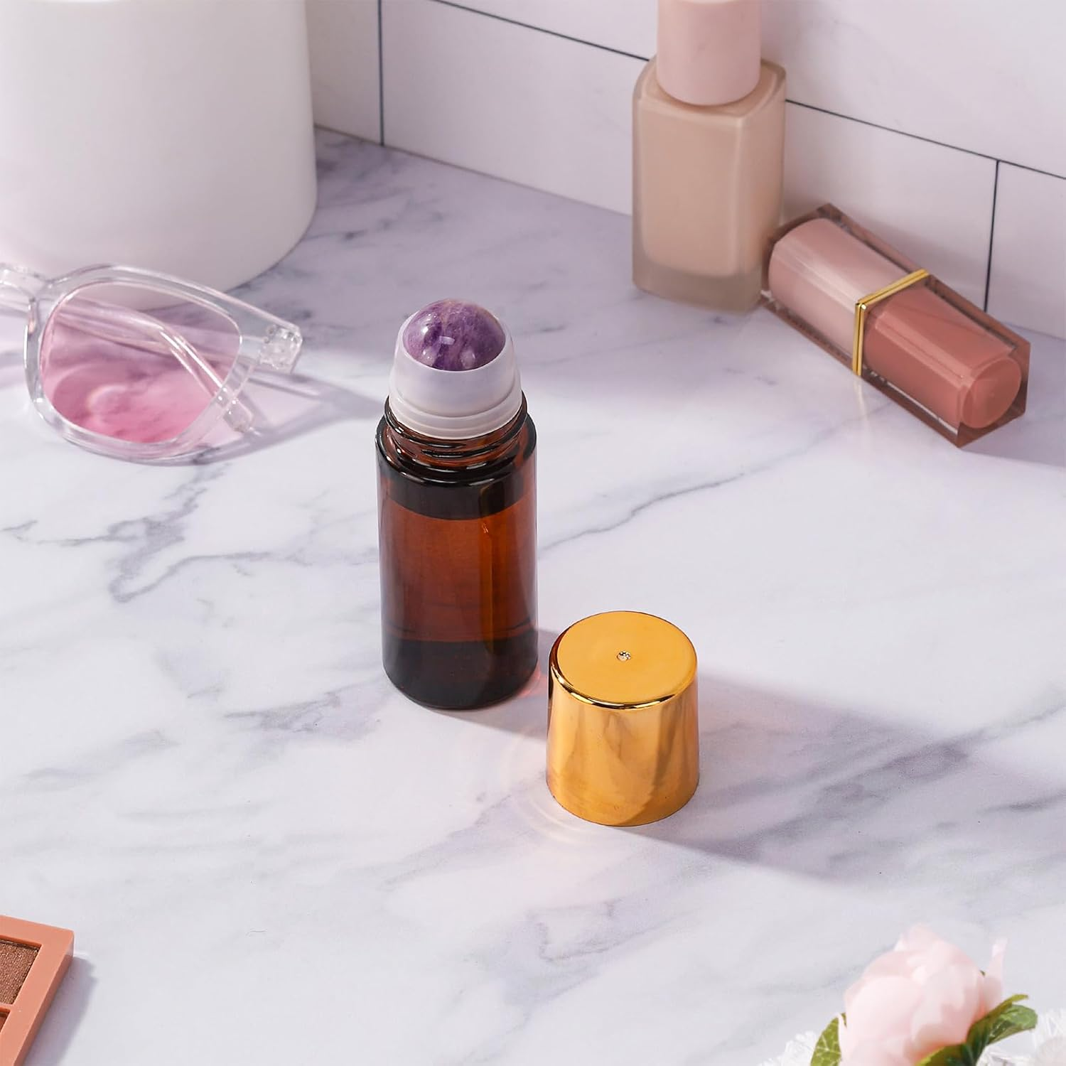 RAMFIYN 2 Pack Large Amber Glass Roll on Bottles for Essential Oils Perfume Refillable Roller Ball Applicator Empty Deodorant Containers with Purple Crystal Rollerball - Green image number 5