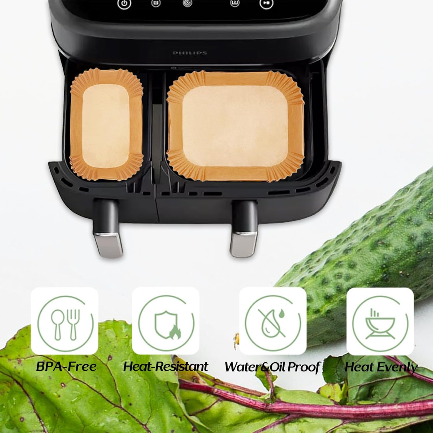 Marakruki Air Fryer Paper Liners for Philips Dual Basket Air Fryer, 50+50 Pcs Paper Liners for Philips Air Fryer 3000 Series, Air Fryer Accessories for Large & Small 2 Drawers image number 3