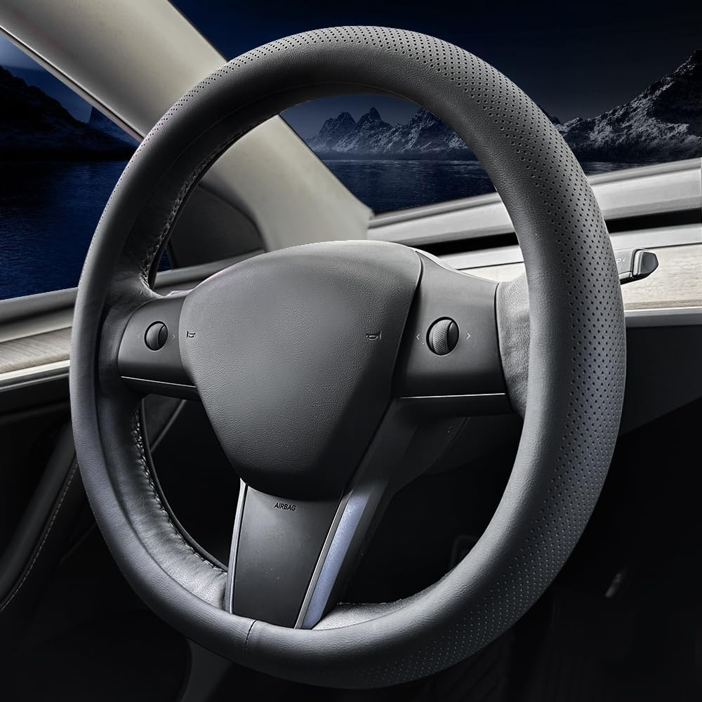 Carodi Nappa Leather Car Steering Wheel Cover, Suitable for Tesla Model 3 / Tesla Model Y Steering Wheel Cover - Black-C image number 6
