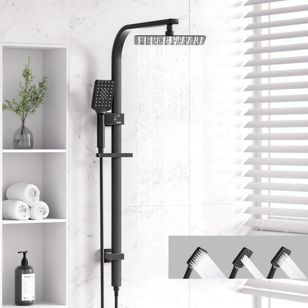 10'' Rain Shower Head Set Handheld Square High Pressure Bathroom Black image number 5