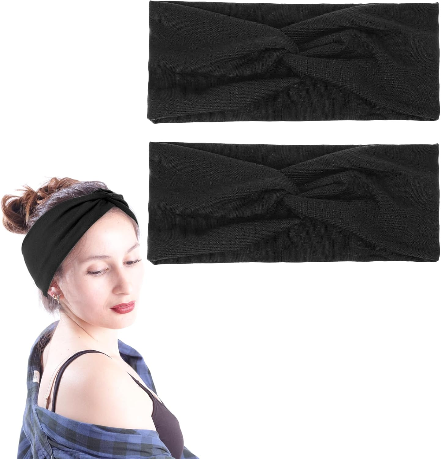 COMNICO Dimeho 2Pcs Wide Headbands for Women Turban Headbands for Women Wide Vintage Head Twist Knotted Stretchy Wraps Head Bands Hair Accessories Black Large African Style Head Bands image number 1