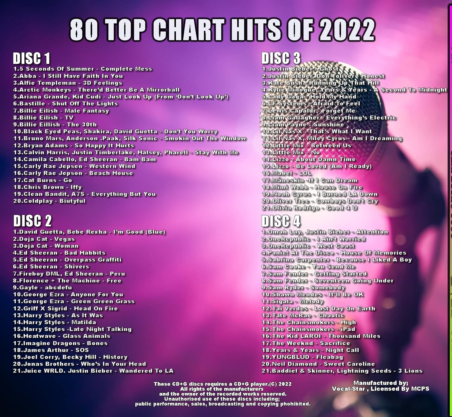 Vocal-Star 2022 Karaoke Chart Hits Disc Set Including 80 Top Songs, Supplied on 4 CDG Karaoke Discs, Karaoke Cds with Words image number 2
