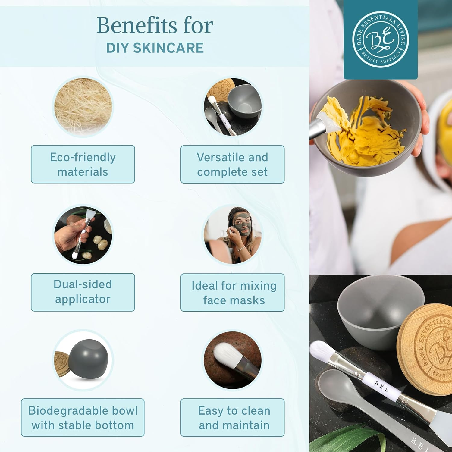 Bare Essentials Living - Clay Face Mask Mixing Bowl Set, Skin Care Kit Facial Bowls with Bamboo Lid, Face Mask Spoon, & Dual Sided Face Mask Brush Applicator for DIY Facials & Hair Mask (Blue Floral) image number 6