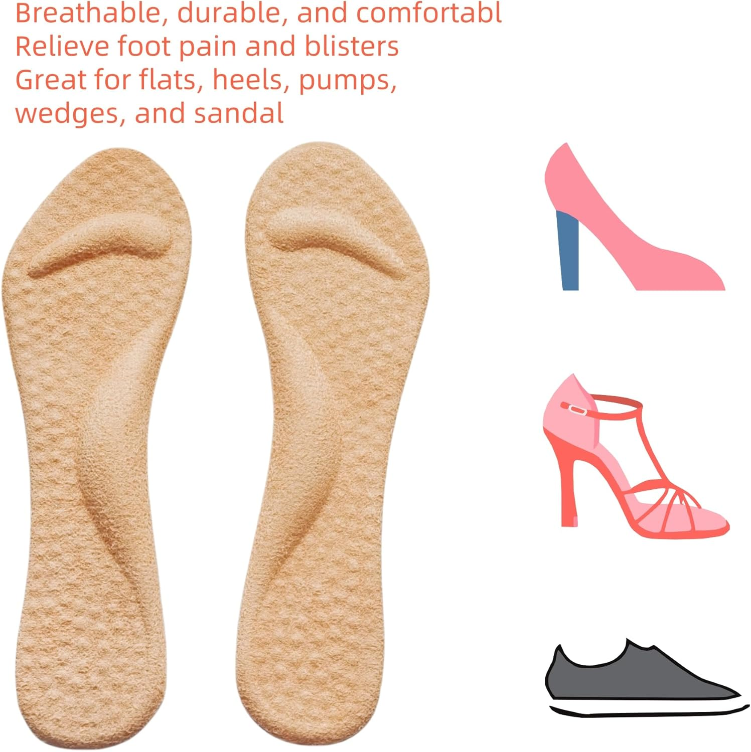 3/4 High Heel Cushion Insoles,2 Pairs Self-Adhesive Arch Support Inserts Women, Gel Shoe Inserts for Sandal, Flats and High Heels（Beige） image number 4