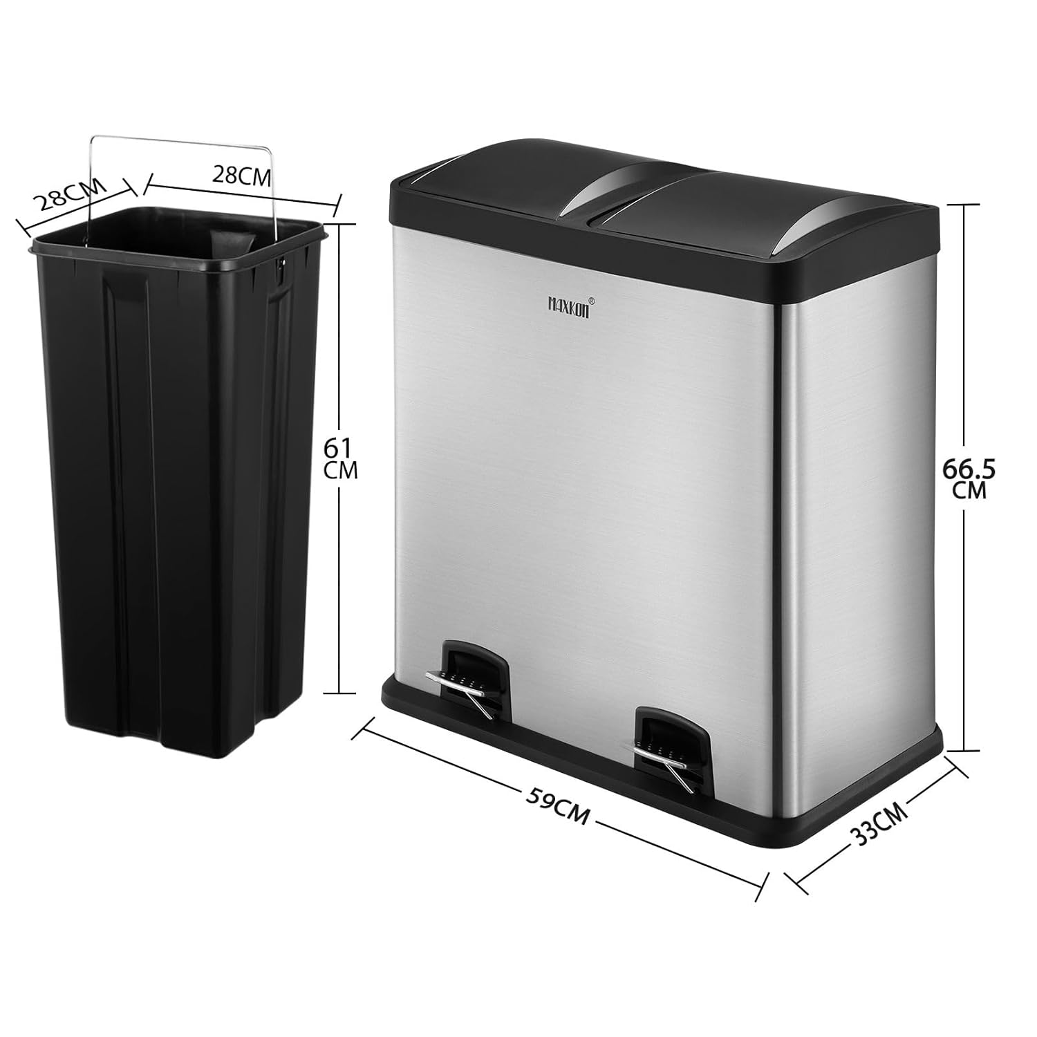 Maxkon 60L Foot Pedal Trash Bin Dual Kitchen Rubbish Bin Step Recycle Garage Can with Plastic Flip-Top Lids & Removable Inner Bucket Matte Finish Stainless Steel Silver