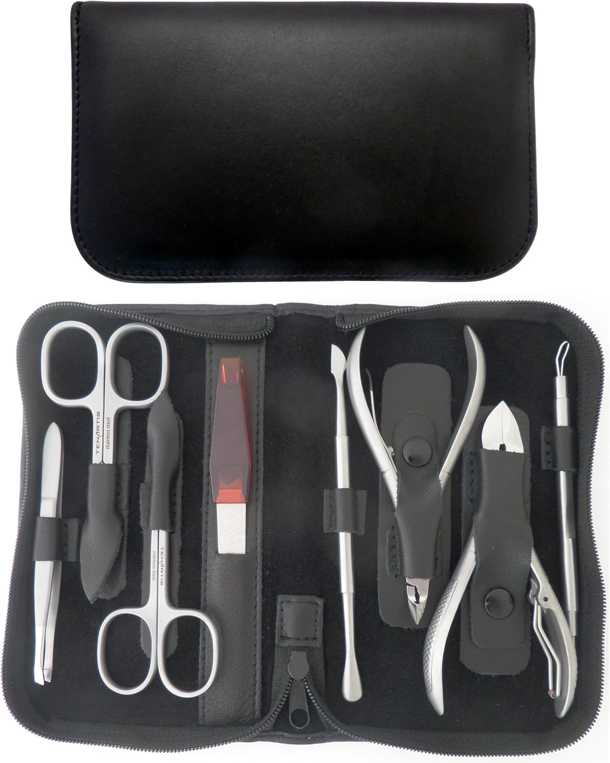 8-Piece Manicure and Pedicure Case Made of Genuine Leather with Zip, Rust-Proof, Tenartis Made in Italy (Black)
