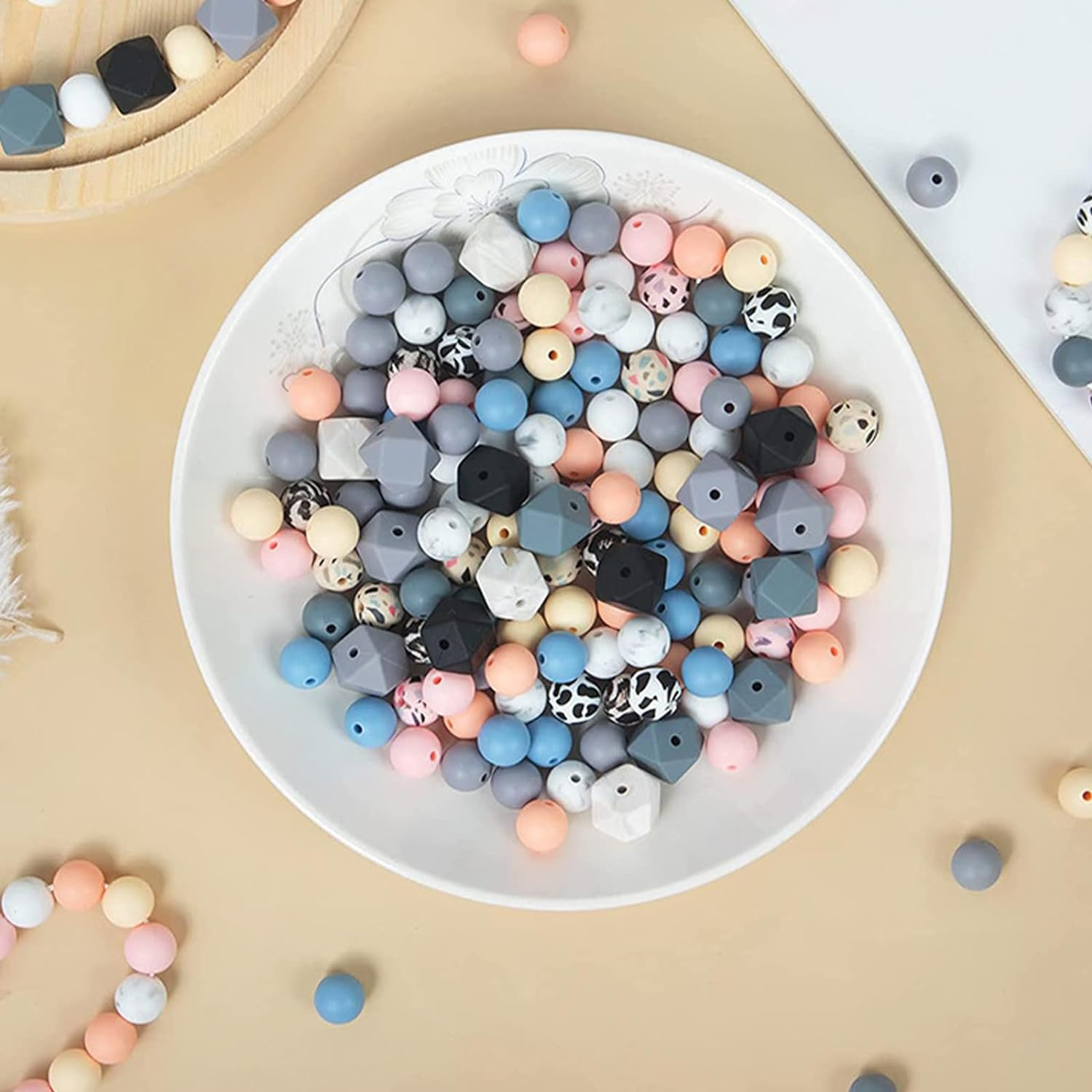 Silicone Beads Kit 104Pcs,14Mm Hexagon Beads,Diy Silicone Beads for Keychain Making, 12Mm Rubber Beads for Lanyard Making image number 4