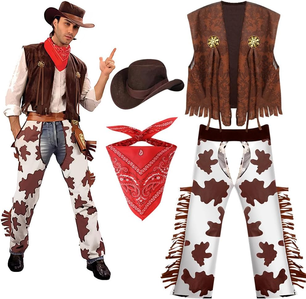 AUTOWT Adult Cowboy Costume, Western Cowboys Men Outfits with Sleeveless Vest, Hat, Neck Scarf One Size for Cosplay Halloween Party Favor Carnival Festival image number 5
