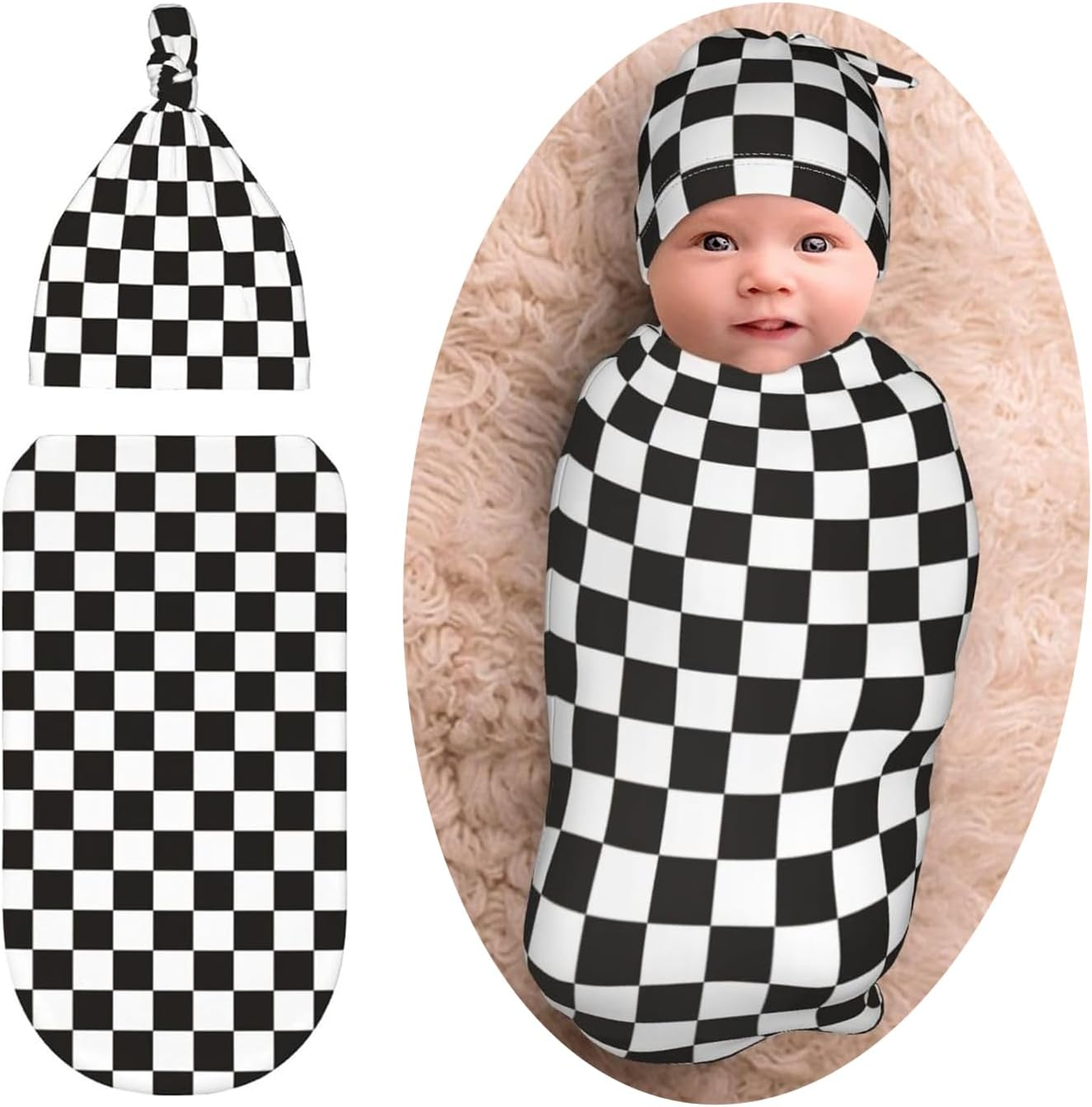Black and White Checked Flag Baby Girl Boy Gifts Newborn Swaddle Blanket with Beanie Hat Set,Stretchy Receiving Blankets Newborn Essentials, for Girls Boys
