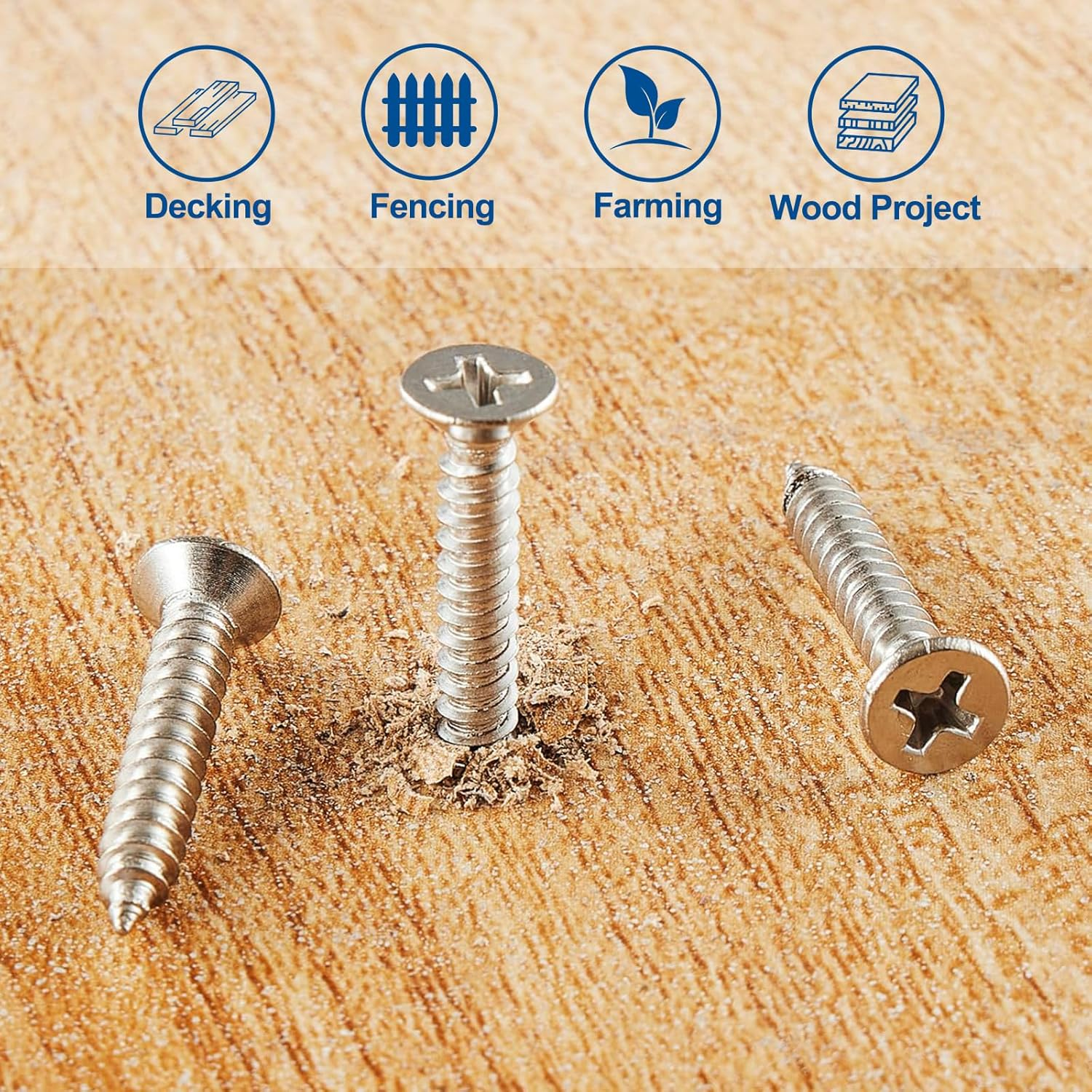 #8&times;5/8&Prime; Wood Screw 350Pcs, 304 Stainless Steel Screws, Flat Head Phillips Fast Self Tapping Screws image number 4
