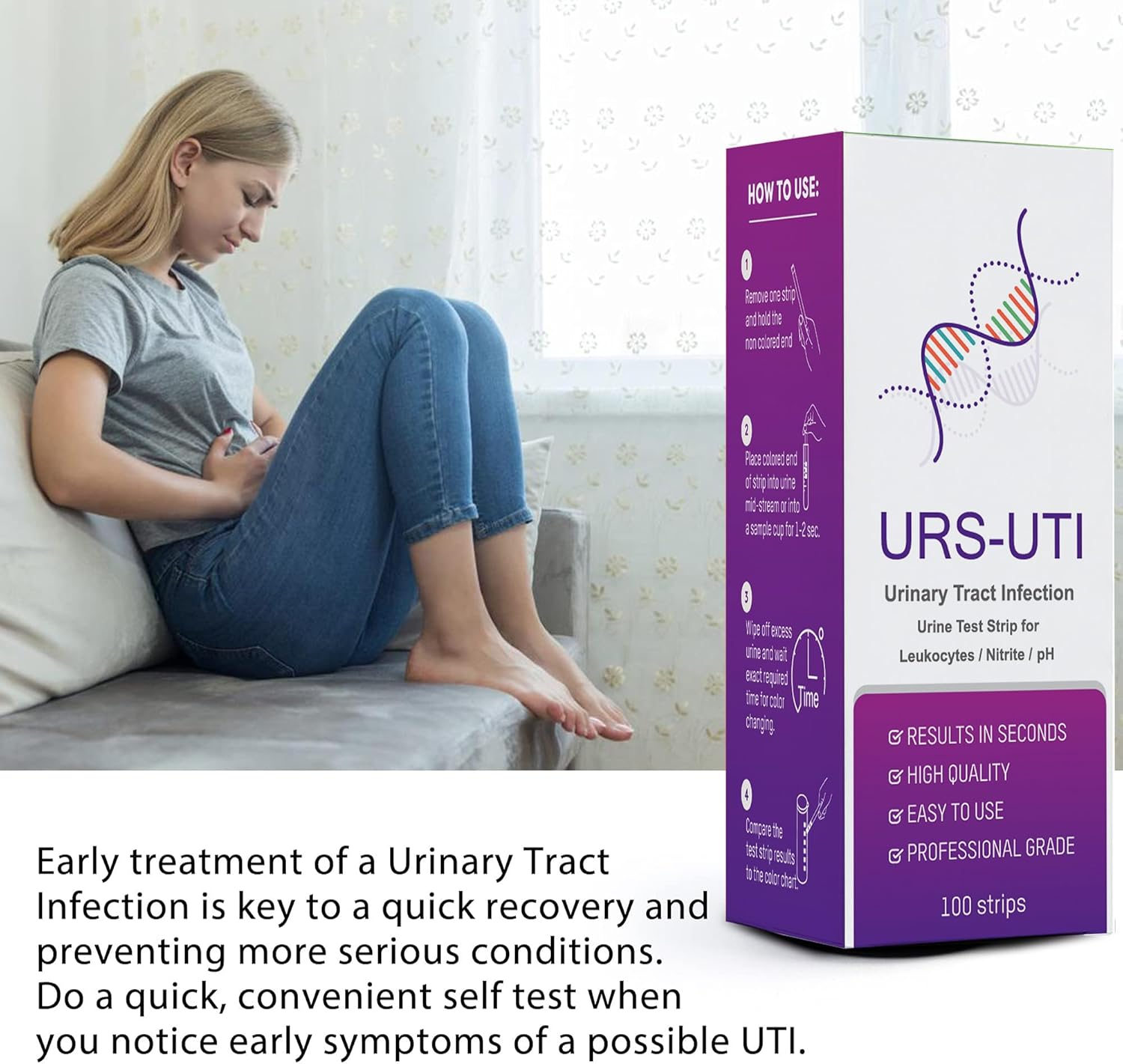 Uti Test Strips,100 Strips 3-In-1 Urinary Home Testing Kit, Fast and Accurately Reads Leukocytes, Nitrites, PH, Simple at Home Urine Test Strips image number 3