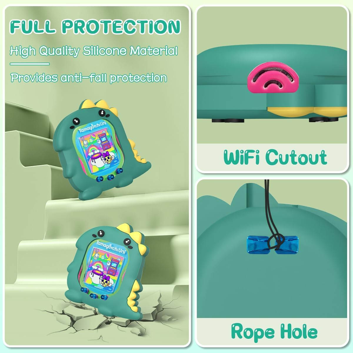 BEARDDO Silicone Case Compatible with Tamagotchi Uni Case, Cute Cartoon Green Dinosaur Virtual Pet Game Machine Protector Cover for Tamagotchi Uni Accessories with Ring Lanyard (Green Dino) - Cow image number 6