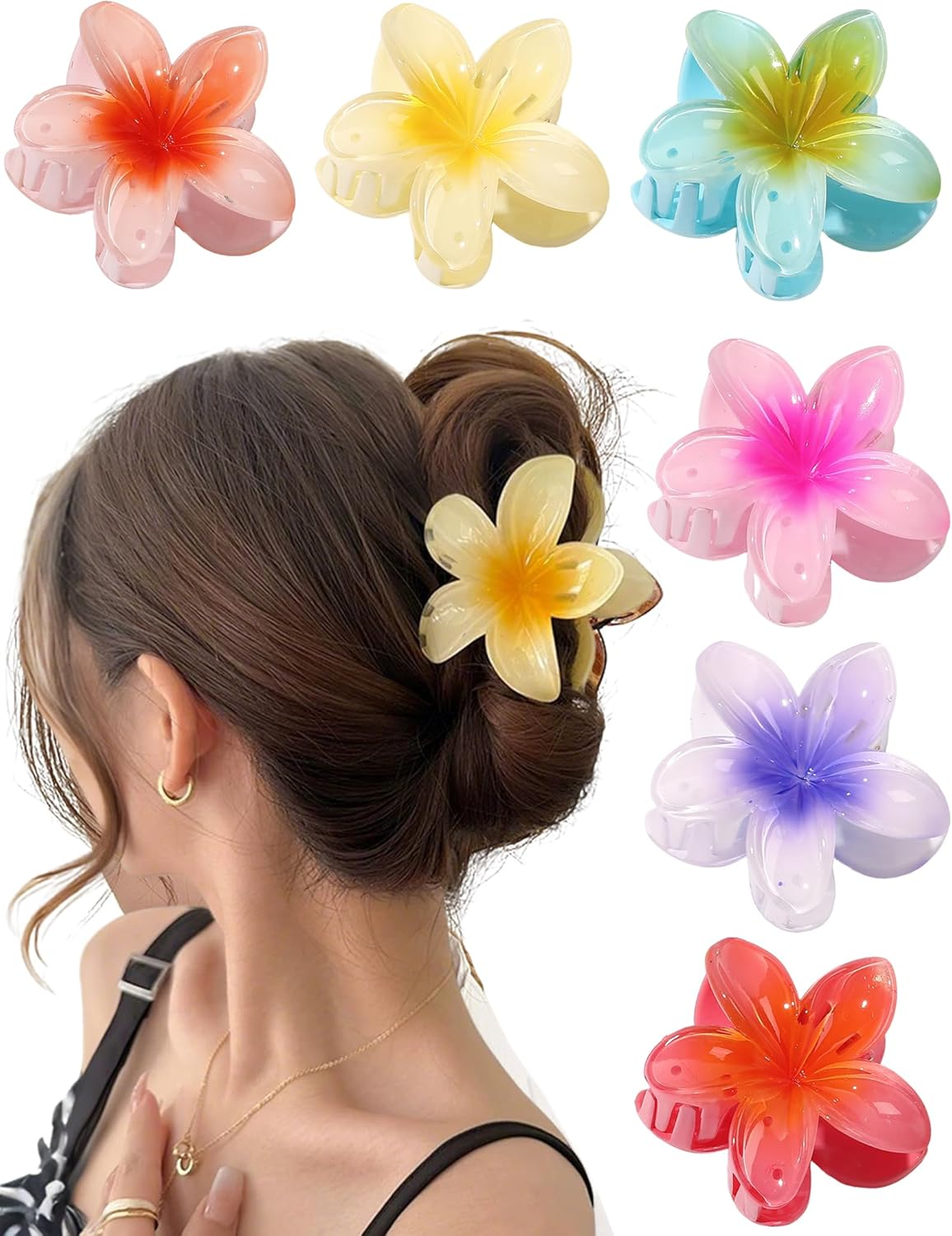 Hawaiian Plumeria Hair Accessories，6 Pcs Flower Claw Clips for Women，Strong Hold Nonslip Beach Tropical Hair Clips for Thick and Thin Hair (Amber)