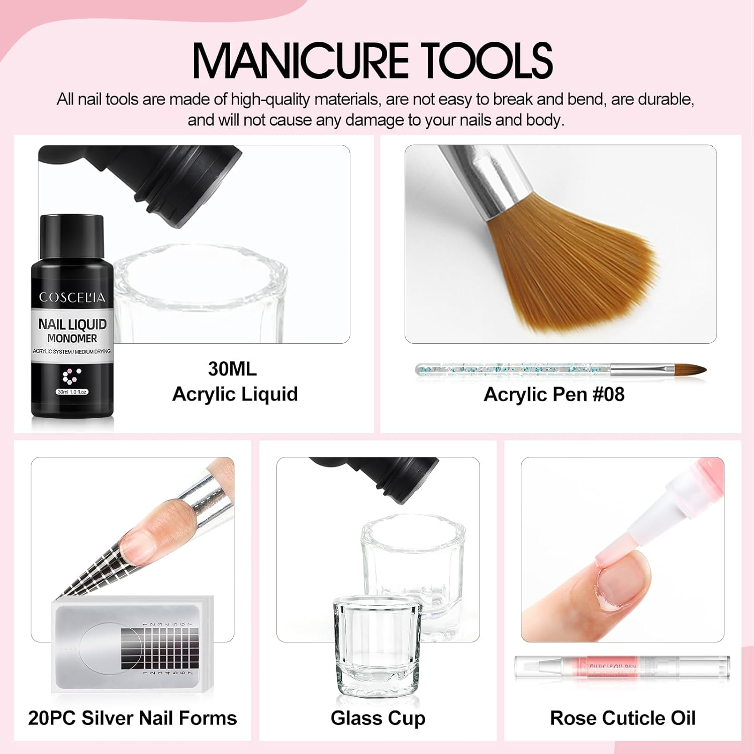COSCELIA Acrylic Nail Kit 3 Colors Clear Pink White Acrylic Nail Powder for Beginners Professional Nail Brush Manicure Tools for Home Salon Nail Art Design image number 2
