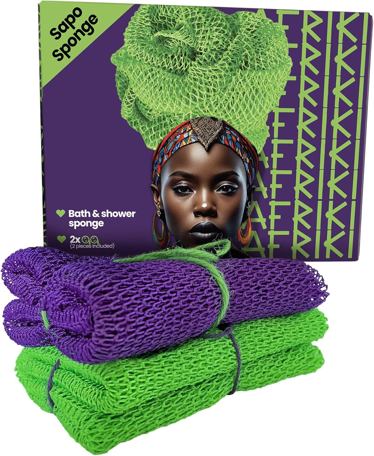 AFRIKI African Net Sponge, African Exfoliating Sponge, Black Owned, Exfoliating Washcloth, Body Exfoliator for Bath and Shower, Back Scrubber, Dead Skin Remover (Green, Purple, 1 Count (Pack of 2))