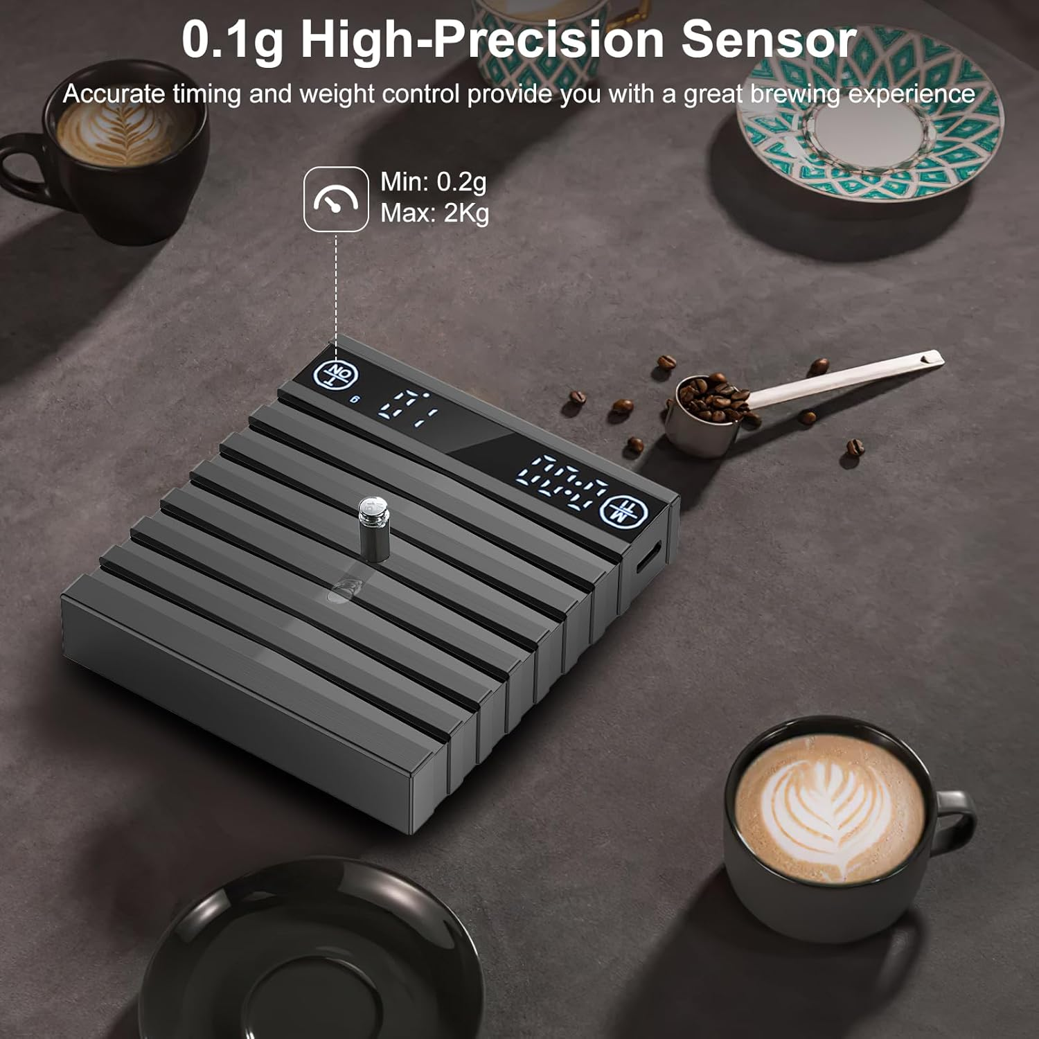 HUAJUN Coffee Scale with Timer, 2Kg/0.1G High Precision Kitchen Scale for Espresso and Pour-Over Coffee, Rechargeable Digital Kitchen Food Scale with Auto Tare, Touch Sensor and Brew Ratio Display image number 1