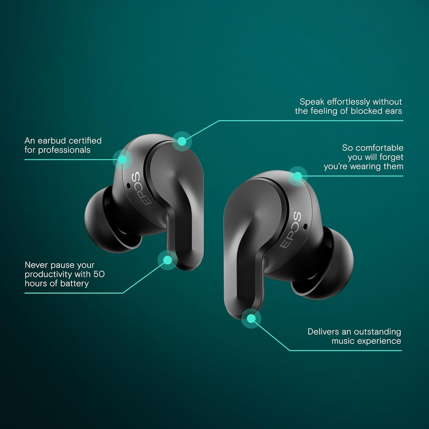 EPOS Adapt E1 Black Wireless In-Ear Headphones - Hybrid ANC, Multi-Point Bluetooth, Microsoft Teams & for Iphone Certified, 50H Battery, Wireless Charging, Semi-Open, USB C Dongle IPX5 Waterproof