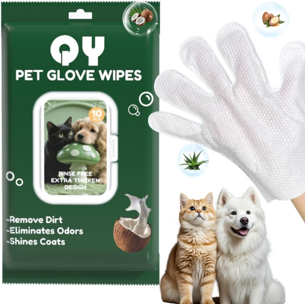 Pet Washing Glove Wipes with Lid | Extra Thick Grooming Gloves for Dog & Cat | Rinse-Free Bath Wipes with Coconut, Aloe, Corn & Jojoba | Fit for Daily Care and Travel | 10PCS