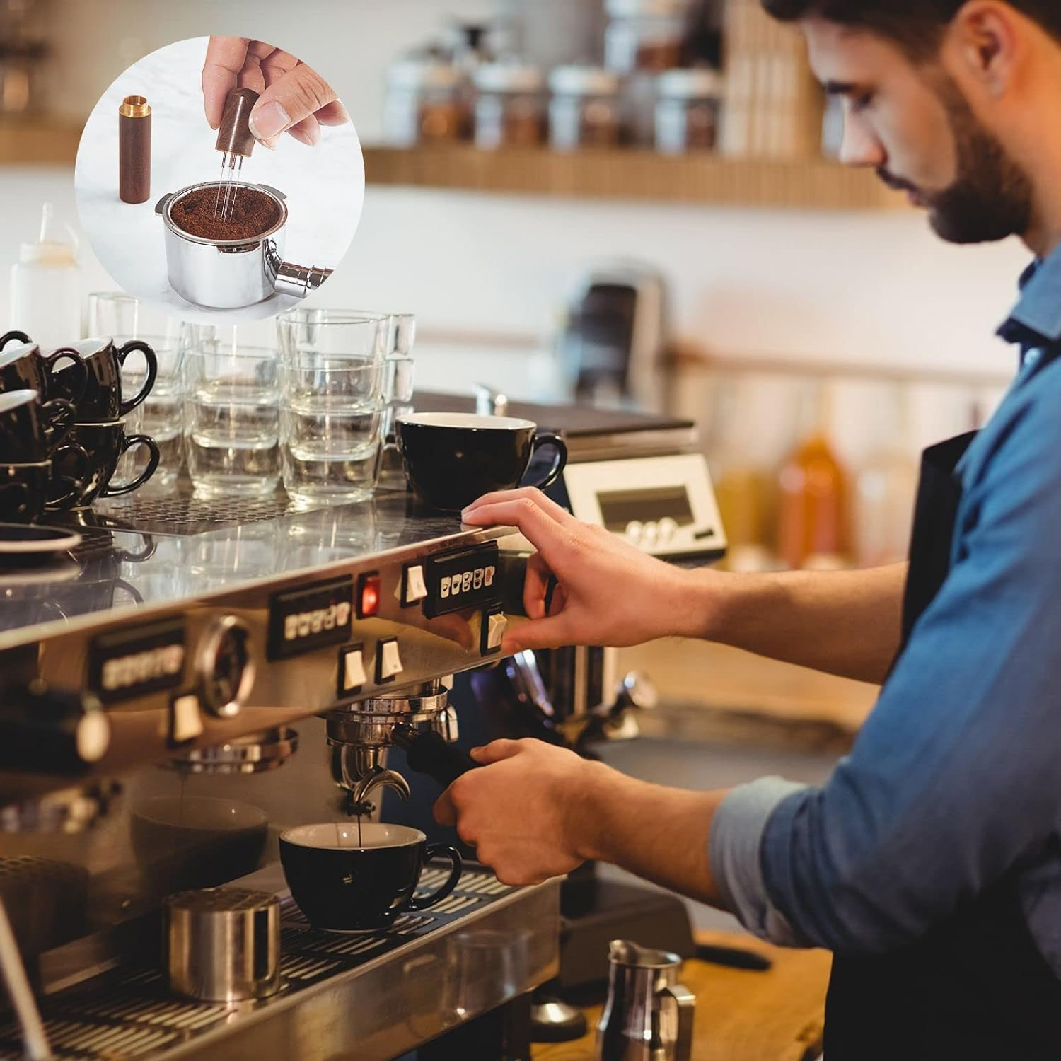 BEANPRECOY Espresso Coffee Stirrer 6 Needles 0.4Mm Coffee Grounds Needle Distribution Tool for Espresso Distribution Natural Wood Handle and Stand Professional Barista Hand Distribution Tool image number 2