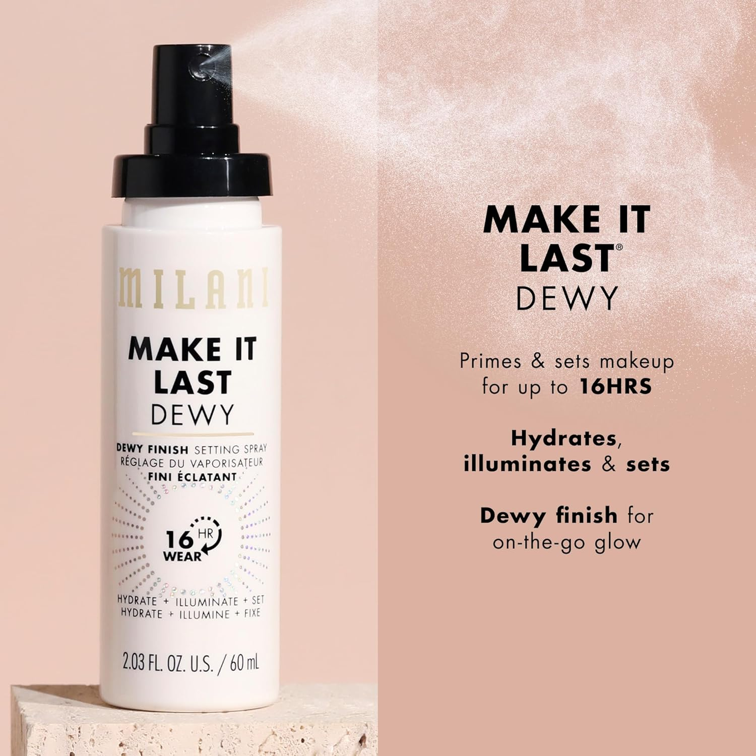 Milani Make It Dewy 3-In-1 Setting Spray - Hydrate + Illuminate + Set (2.03 Fl. Oz.) Cruelty-Free Makeup Setting Spray - Prime & Hydrate Skin for a Bright, Refreshing Look image number 5