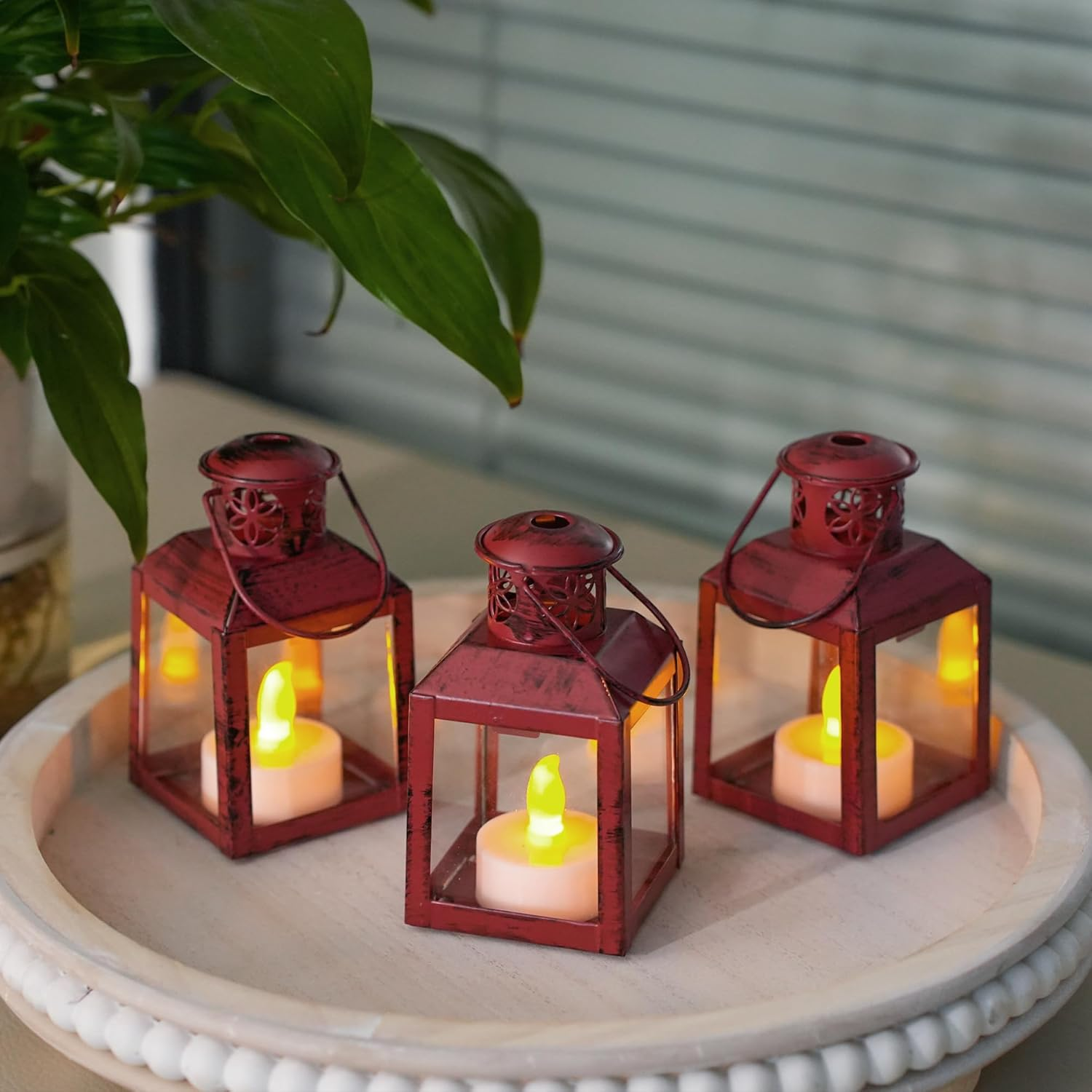 TRIROCKS Pack of 6 Small Metal Candle Lanterns Vintage Hanging Tea Light Holders Decorative Candle Holders for Table Valentine'S Day Patio Indoor Outdoor Gifts (Red) image number 6