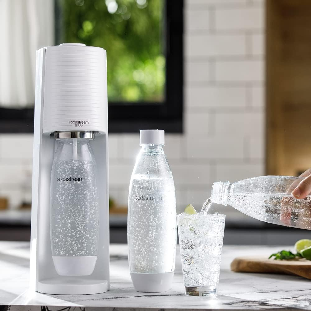 Sodastream Terra Value Pack Sparkling Water Maker with 2 X 1 L Dishwasher Safe Cast Bottles and 1 X Quick Connect CO2 Cylinder for Making up to 60 L of Sparkling Water, White image number 1