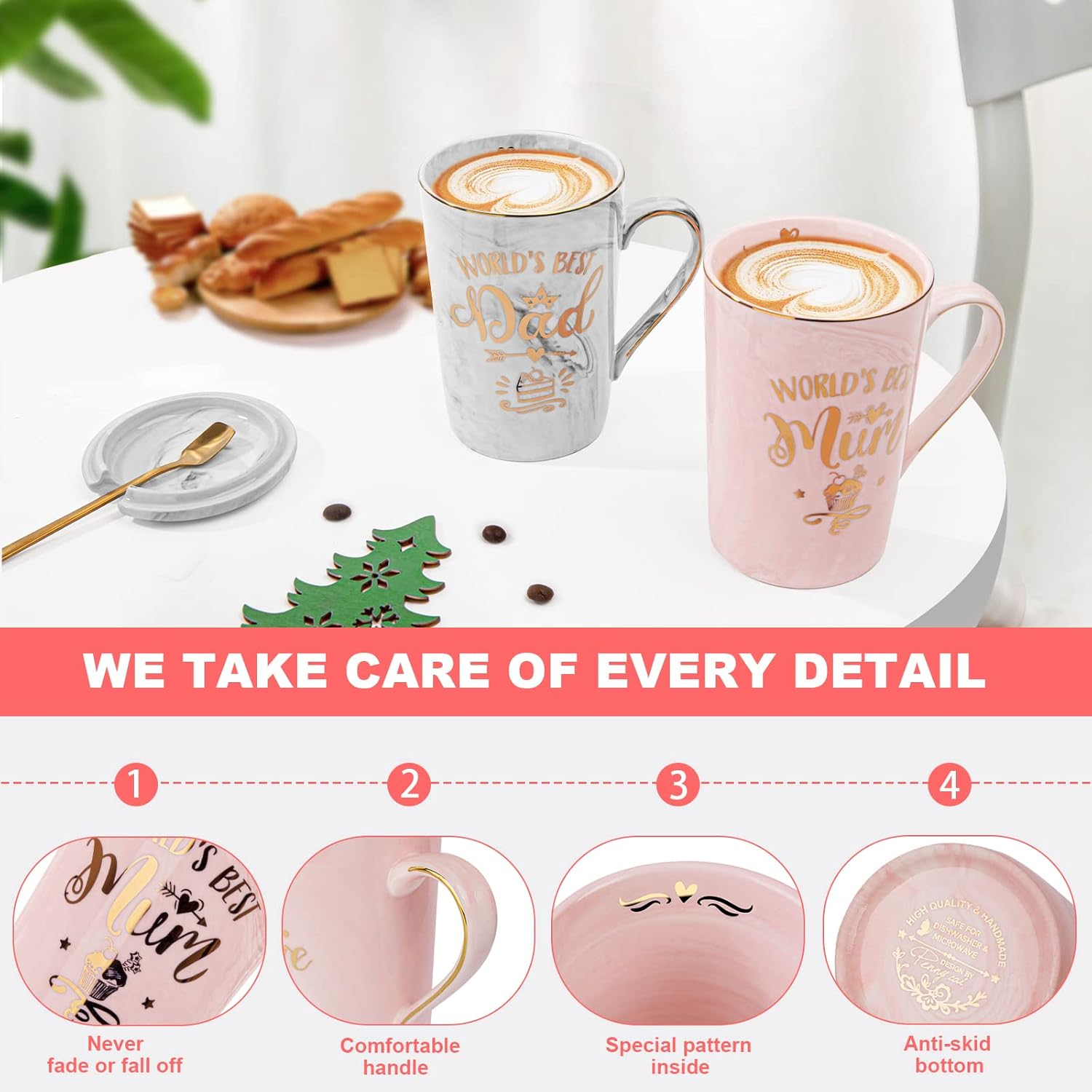 Mum and Dad Coffee Mugs Set - Gifts for Pregnancy Announcement - 14Oz Funny Ceramic Couples Mugs - New Parent Gift, Anniversary Birthday, Marble Cup with Lid Spoon Greeting Card Boxed (Pink & Gray) image number 5