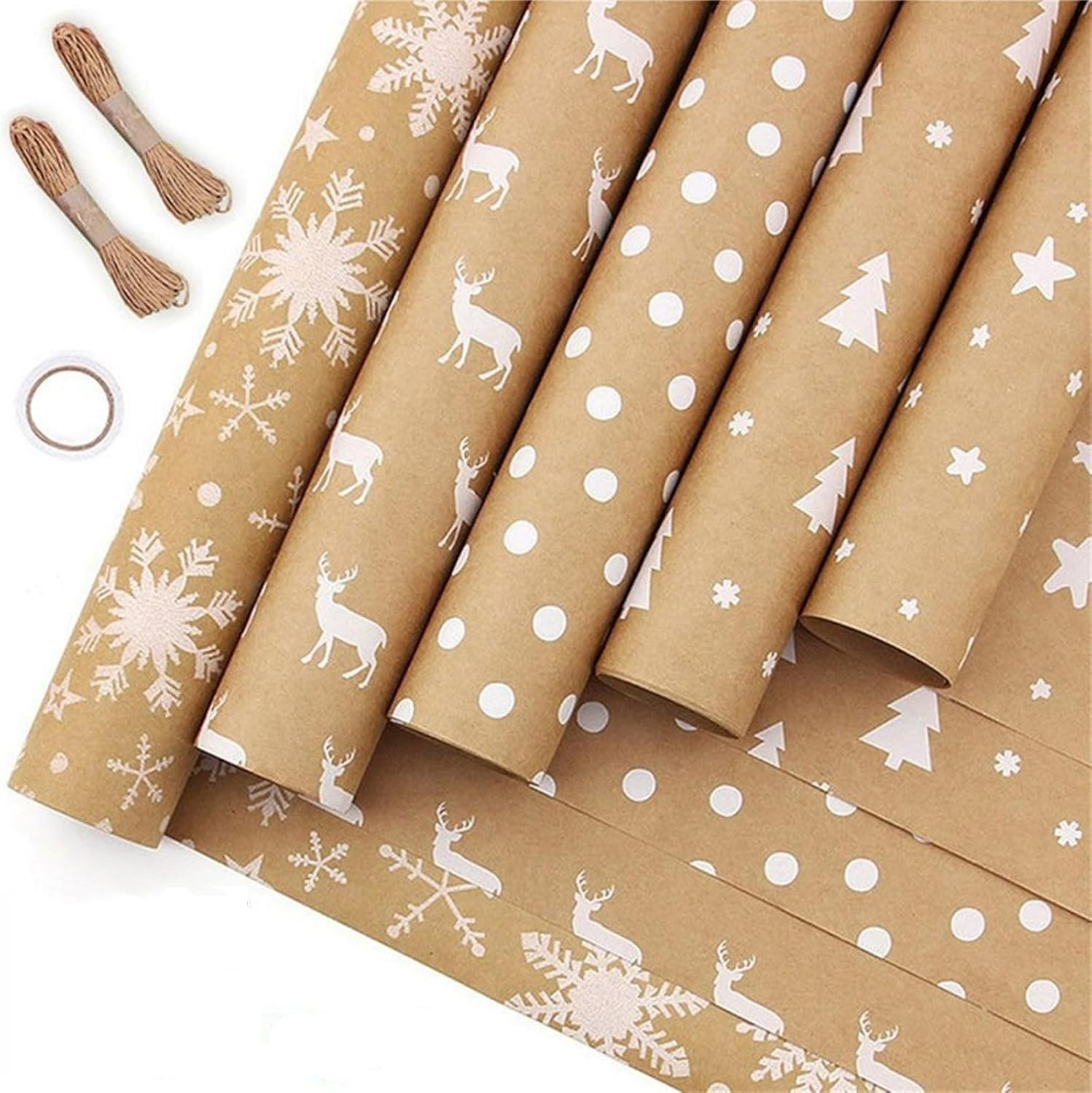 Christmas Wrapping Paper Set - 5 Mini Rolls, Recyclable Gift DIY Wrapping Paper with Flax Strings and Tape - for Birthdays, Christmas, and All Occasions Gift Wrapping Paper Roll,17"X40" image number 3