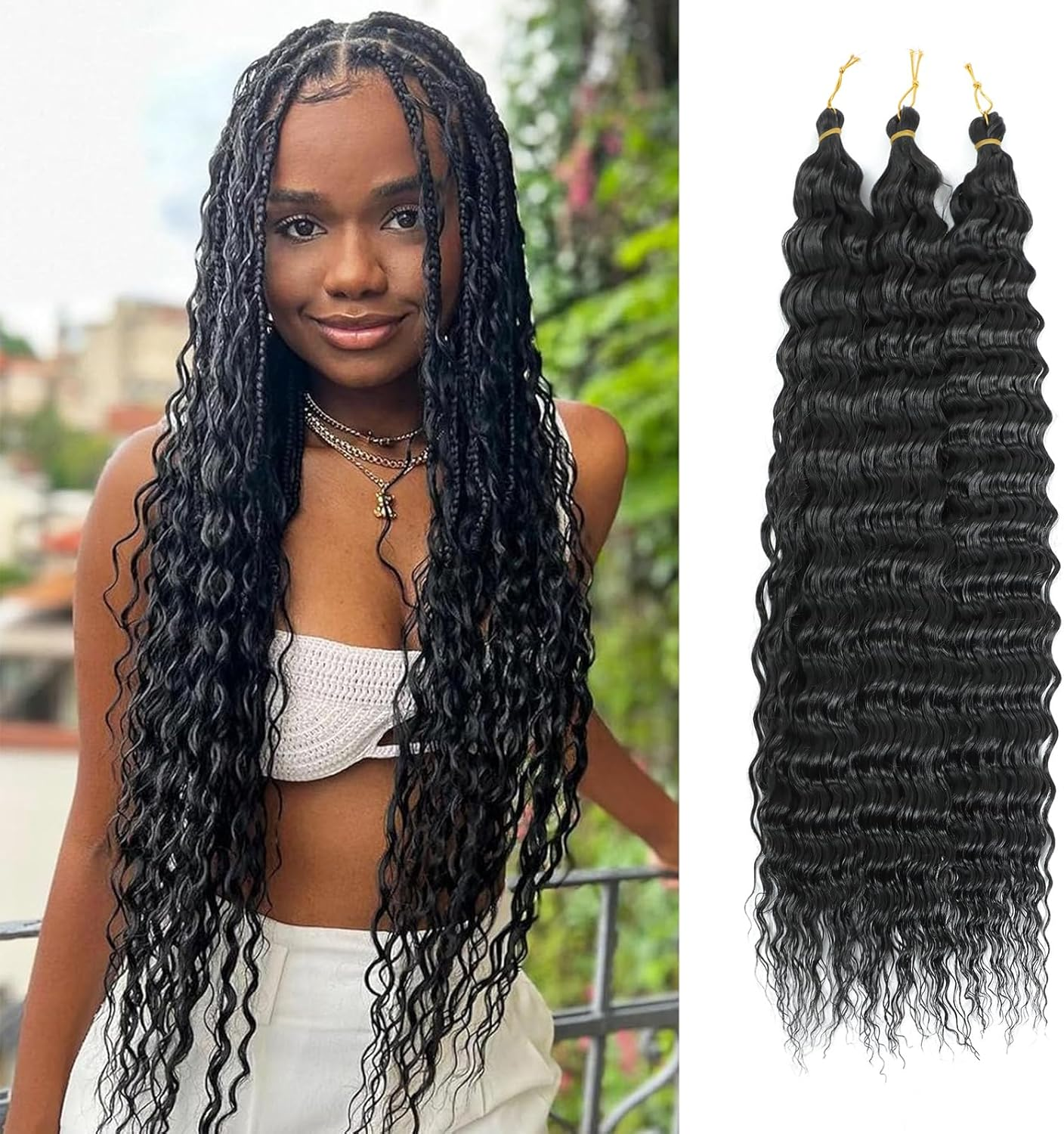 Herkeymidy Ocean Wave Crochet Hair 3 Packs 22 Inch Deep Wave Wavy Braiding Hair Crochet Synthetic Braids Hair Extension for Black Women (1B) image number 5