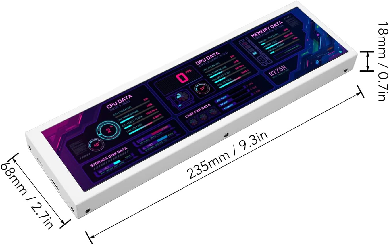 PC Temperature Monitor LCD Screen - 8.8 Inch 1920X480 IPS Secondary Display for ARGB Computer Case (White) image number 2