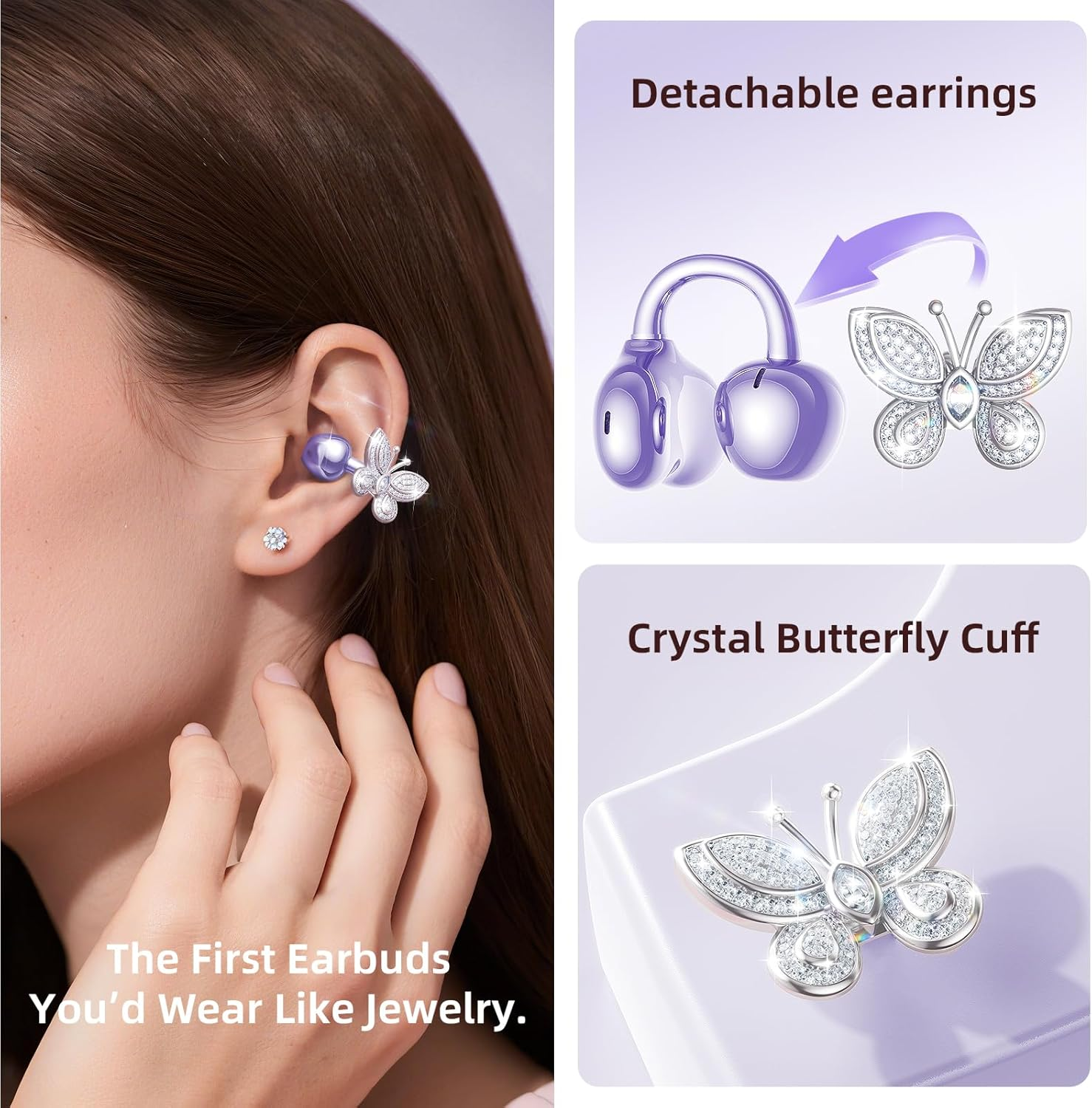 Kinglucky Clipfree Open-Ear Headphones, Butterfly-Inspired Ear-Cuff Design, Stylish & Comfortable Clip-On Ear Buds, Wireless Earbuds for Women, Long Battery Life, Great for Gifting - Purple image number 5