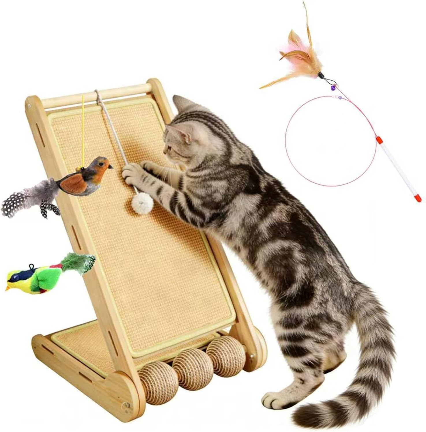 Larger Cat Scratching Board, L-Shaped Wooden Cat Scratcher Ramp for Indoor Cats,Vertical Cat Scratching Post with Rotatable Sisal Balls,Teaser Wand & 2 Chirping Fabric Birds,Sturdy Furniture Protector image number 3