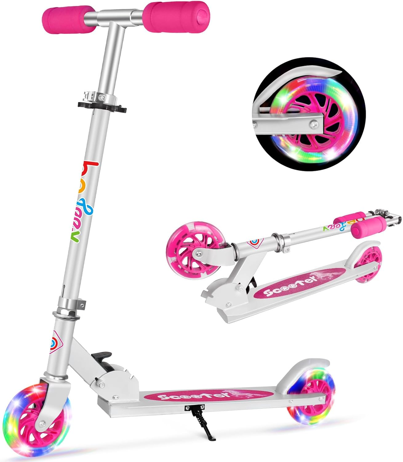 BELEEV V1 Scooters for Kids, 2 Wheel Folding Kick Scooter for Girls Boys, 3 Adjustable Height, Light up Wheels, Lightweight Scooter with Sturdy Frame, Kickstand for Children 3 to 12 Years Old