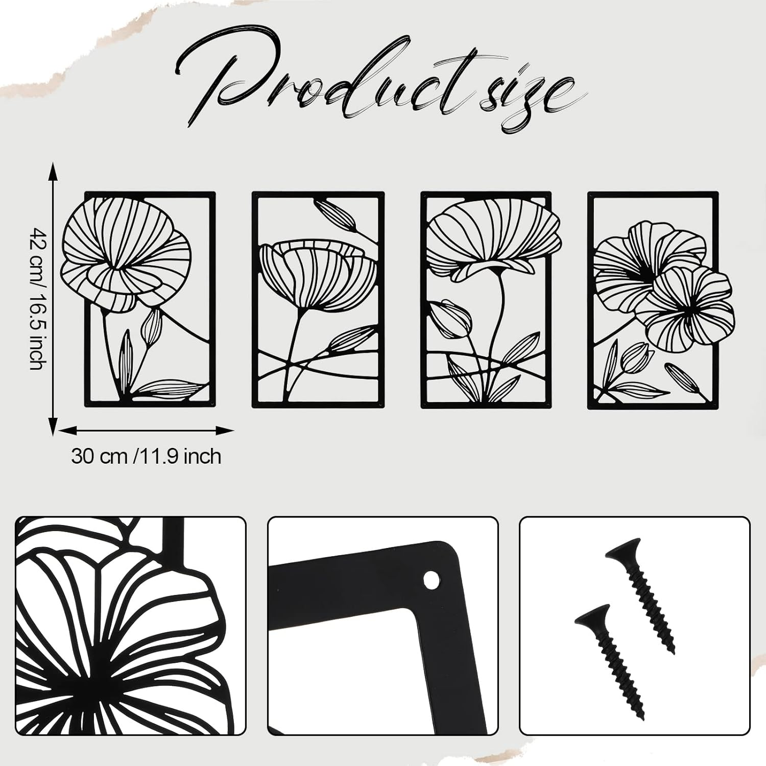 Cunno 4PCS Metal Line Art Wall Decor Living Room Metal Flower Minimalist Sculpture Modern Aesthetic Poppy Floral Minimalist Wall Hanging Bedroom Home Kitchen Bathroom 16.5X11.9'' (Black) DAY-234 image number 7