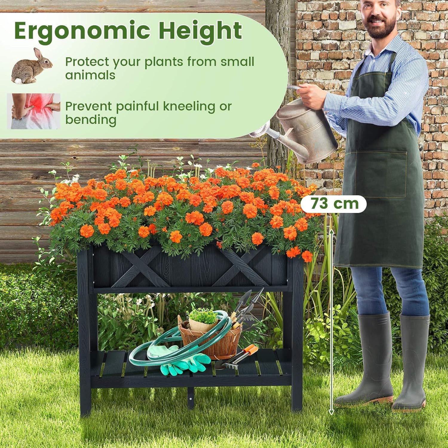 Costway HIPS Raised Garden Bed, Poly Wood Elevated Planter Box W/Legs, Storage Shelf, Drainage Holes, Weather-Proof Standing Growing Bed Planter for Flower Herb Vegetable Fruit, 5-10 Year Warranty image number 3