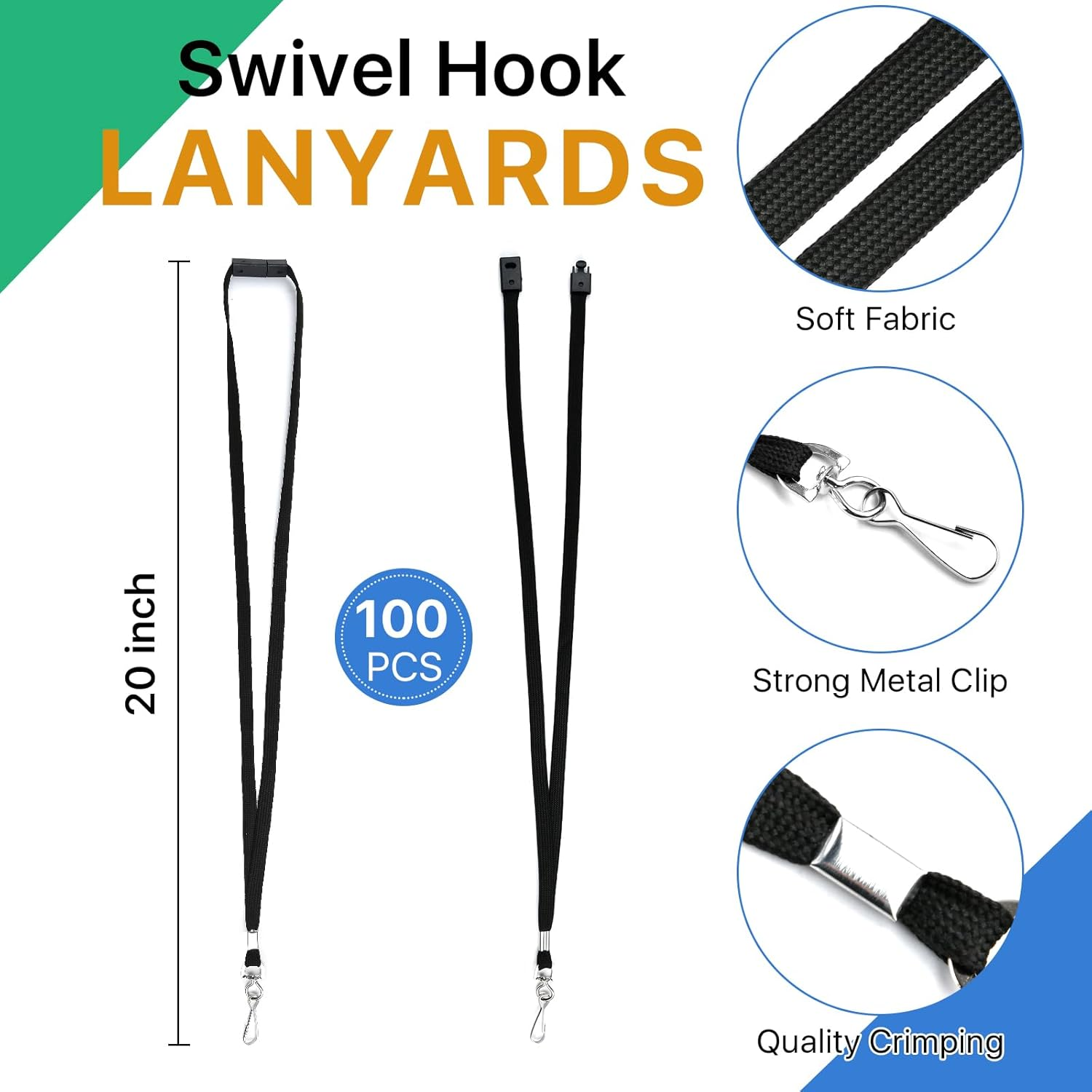 Lainballow 100 Pcs Breakaway Lanyards for ID Badges, Black Cotton Rope Classic Style with J-Hook, Flat Lanyards for ID Badges, Breakaway Badge Lanyard for Company Factory Campus Business image number 1