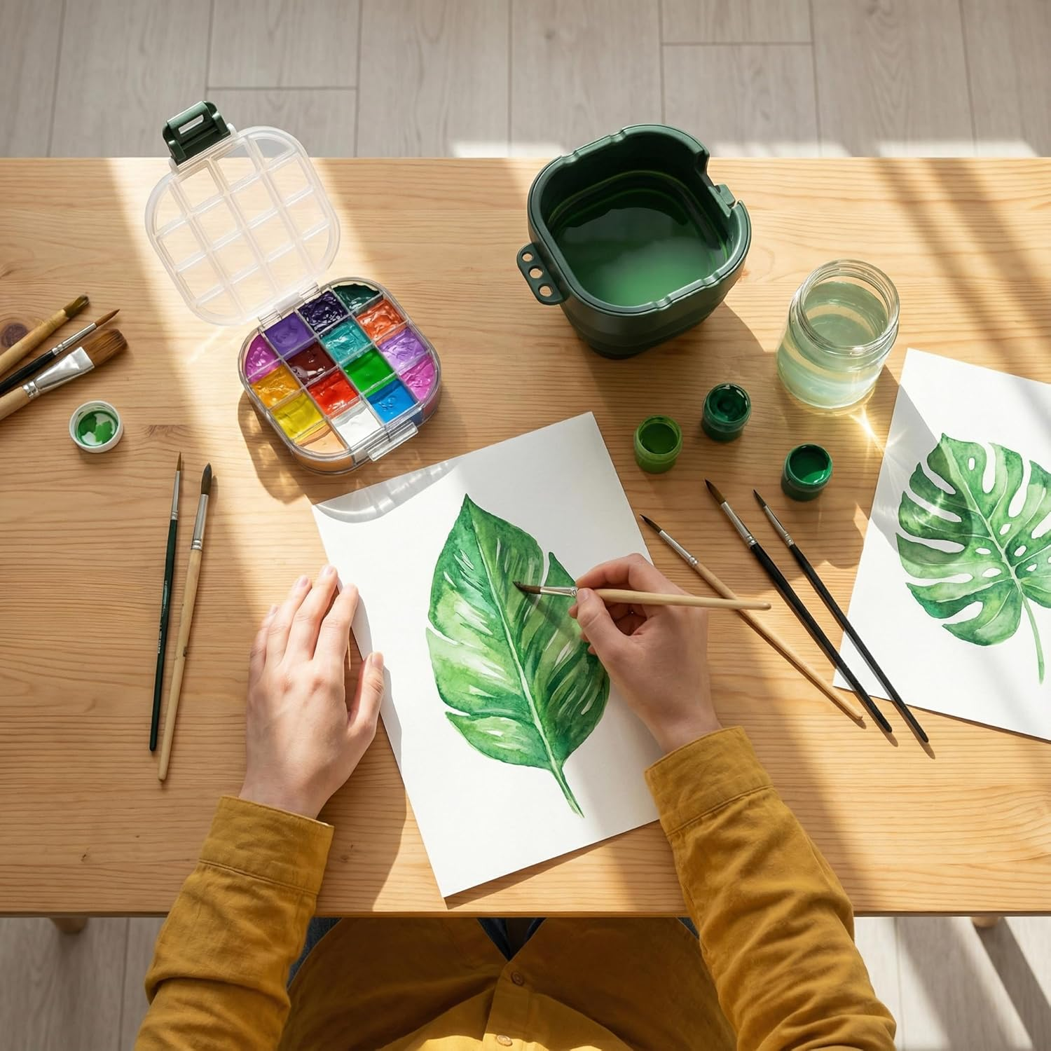 5.3 X 4.4 Inches Airtight Paint Palette Box, Valuable Container Combines Cleaning Brush Basin and Brush Holder, Using for Beginners Learning Art Project Workshops Outdoor Painting (Green) image number 2