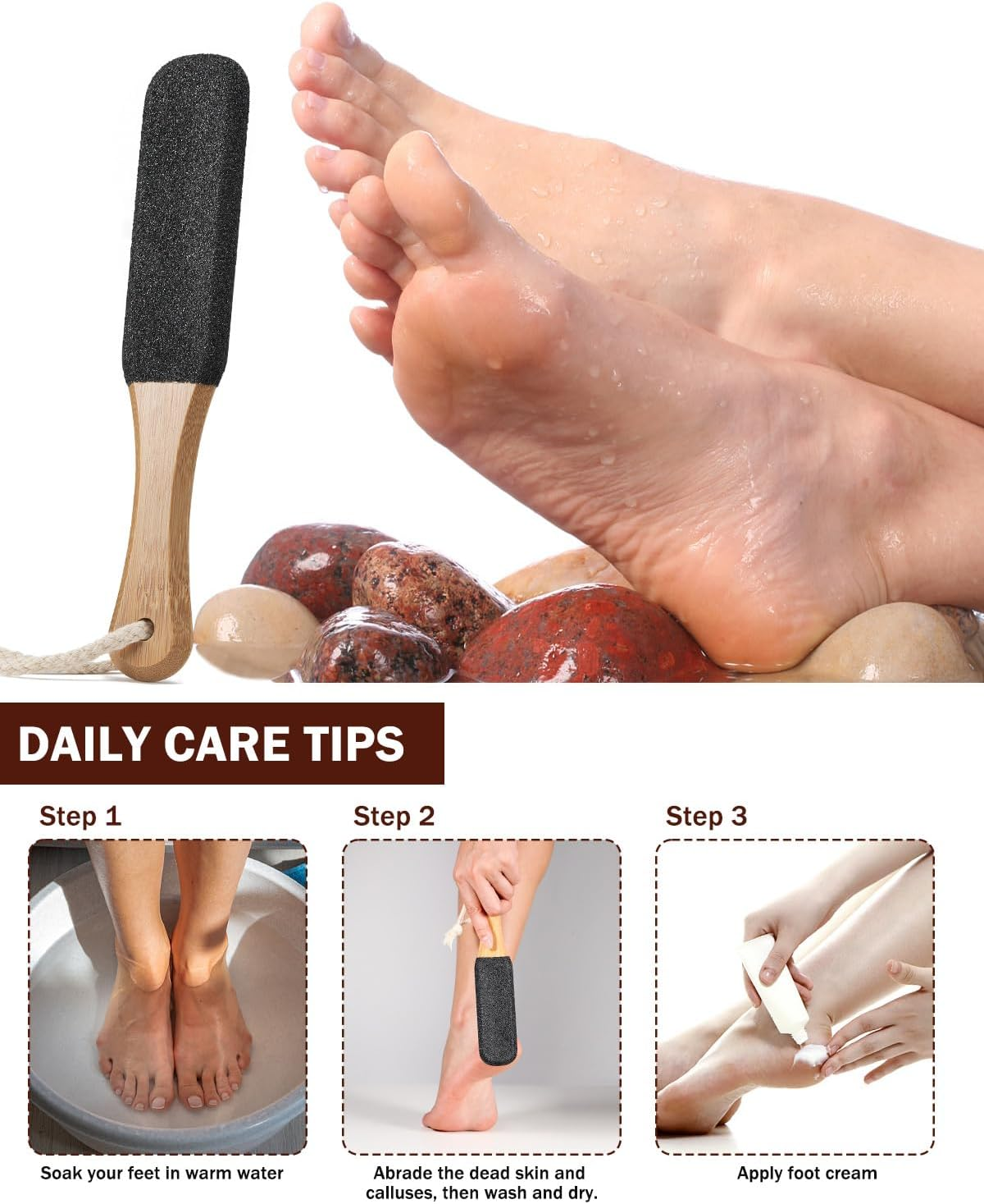 BEZOX Foot Pumice Stone Pedicure File(1 PCS) - Ergonomic Wooden Handle Foot File Callus Remover for Smoother Feet and Hands - Foot Scrubber, Heel Sander and Dead Skin Scraper - Black